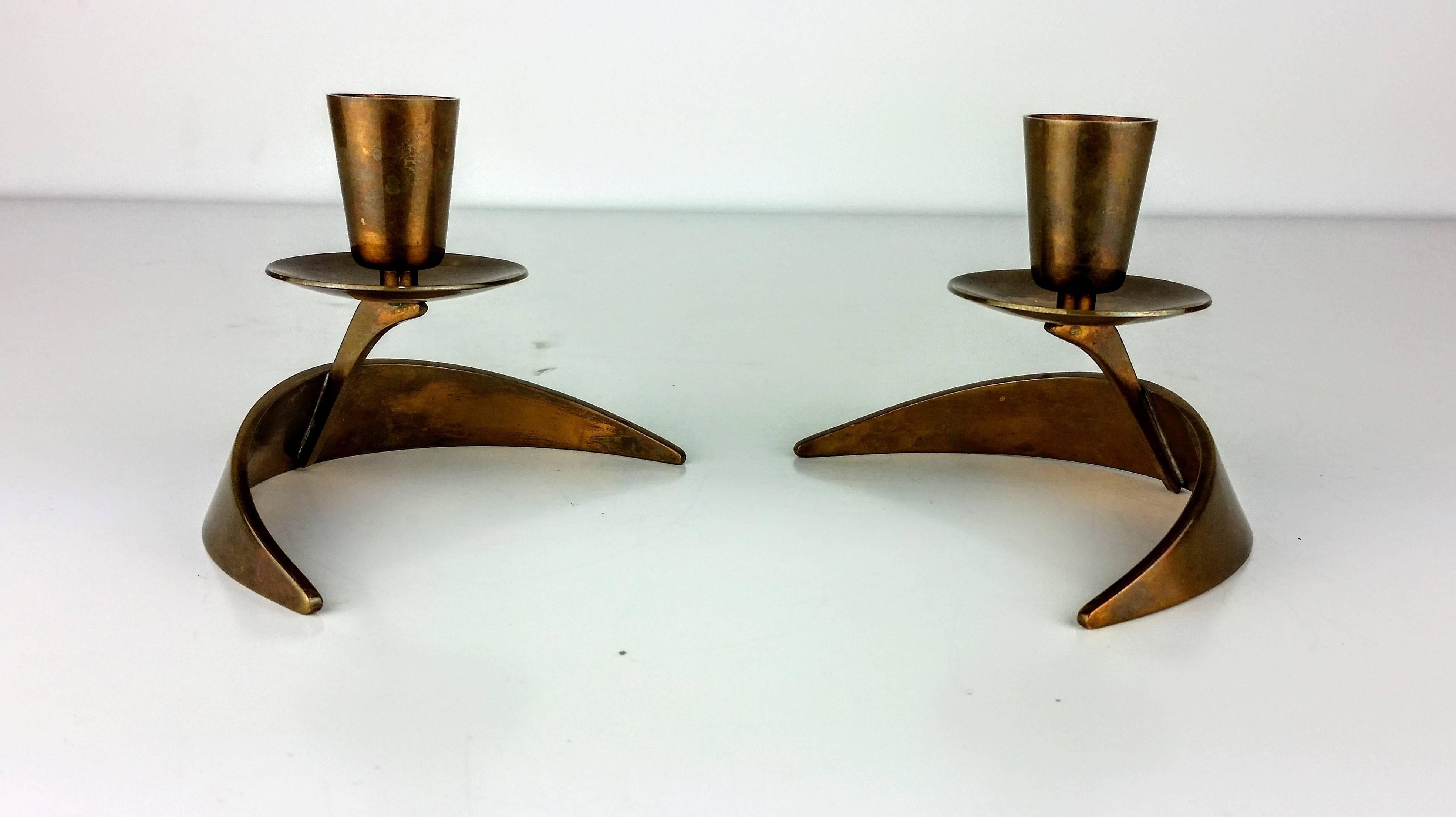 American Rare Modernist Candle Holders in Solid Bronze by John Prip and Ronald Pearson