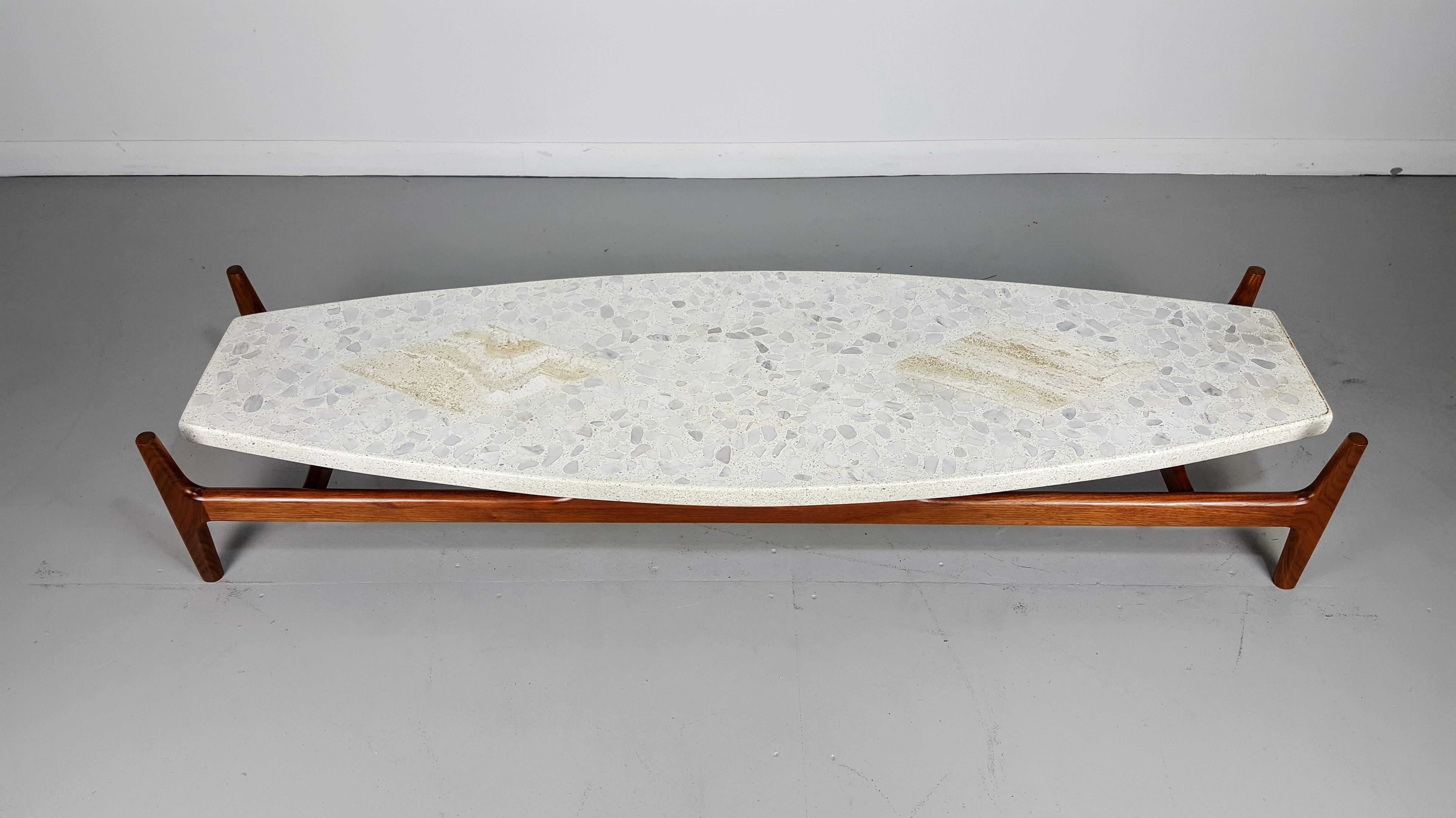 Mid-Century Modern Low Sculptural Walnut Coffee Table with Inlaid Terrazzo Top by Harvey Probber