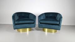 Gorgeous Peacock Velvet Swivel Chairs with Polished Bronze Bases, 1970s