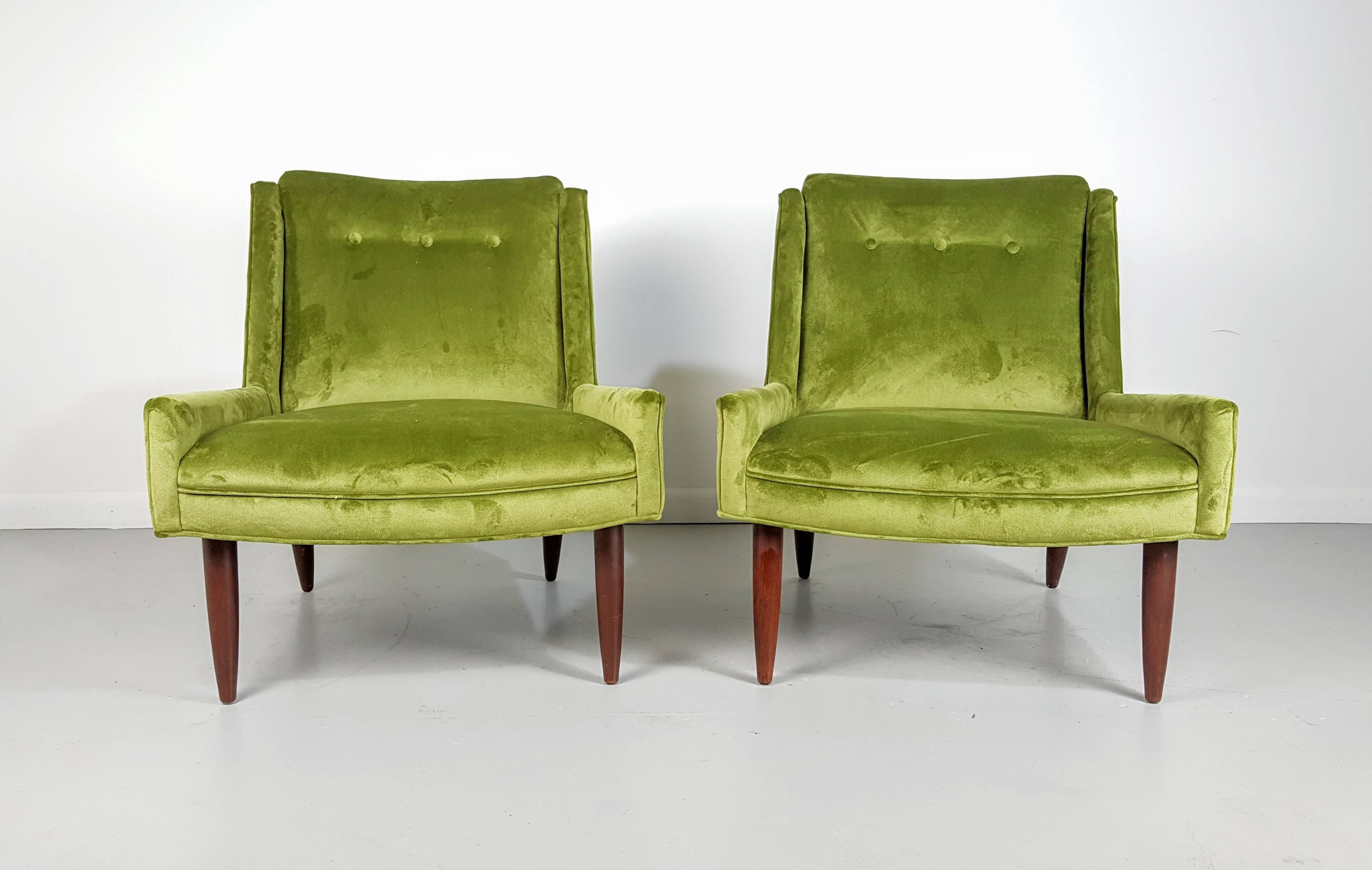 Handsome slipper chairs in the manner of Harvey Probber, 1950s. Very comfortable. Newly refinished in a plush green velvet.

We offer free regular deliveries to NYC and Philadelphia area. Delivery to DC, MD, CT and MA are available if schedule
