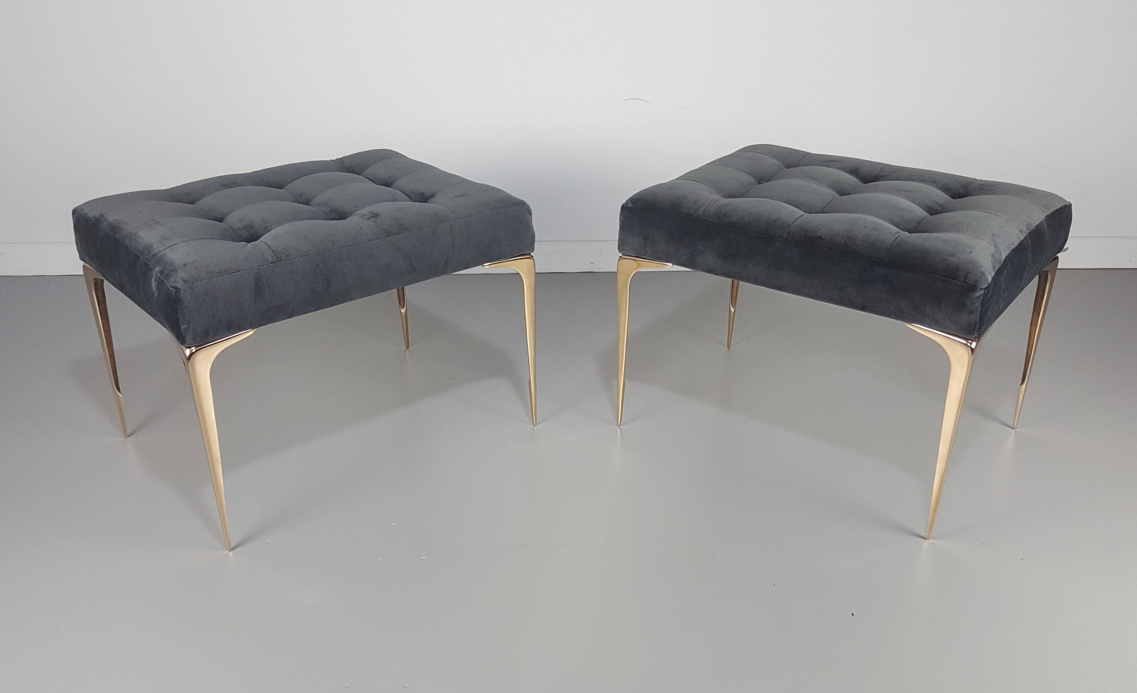 American Lancia Italian Modern Ottomans or Benches with Solid Bronze Tapered Legs, a pair