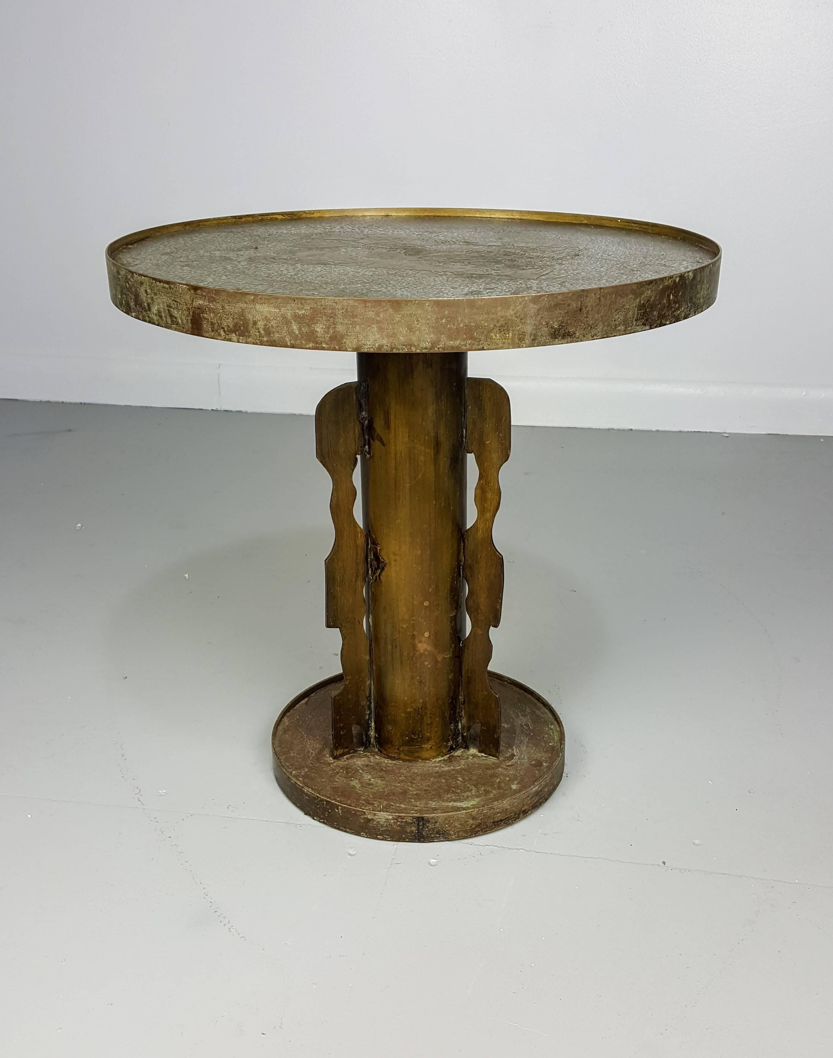 Philip and Kelvin LaVerne bronze etruscan side table in bronze and pewter, 1970.

See this item in our private NYC showroom! Refine Limited is located in the heart of Chelsea at the history Starrett-LeHigh Building, 601 West 26th Street, Suite