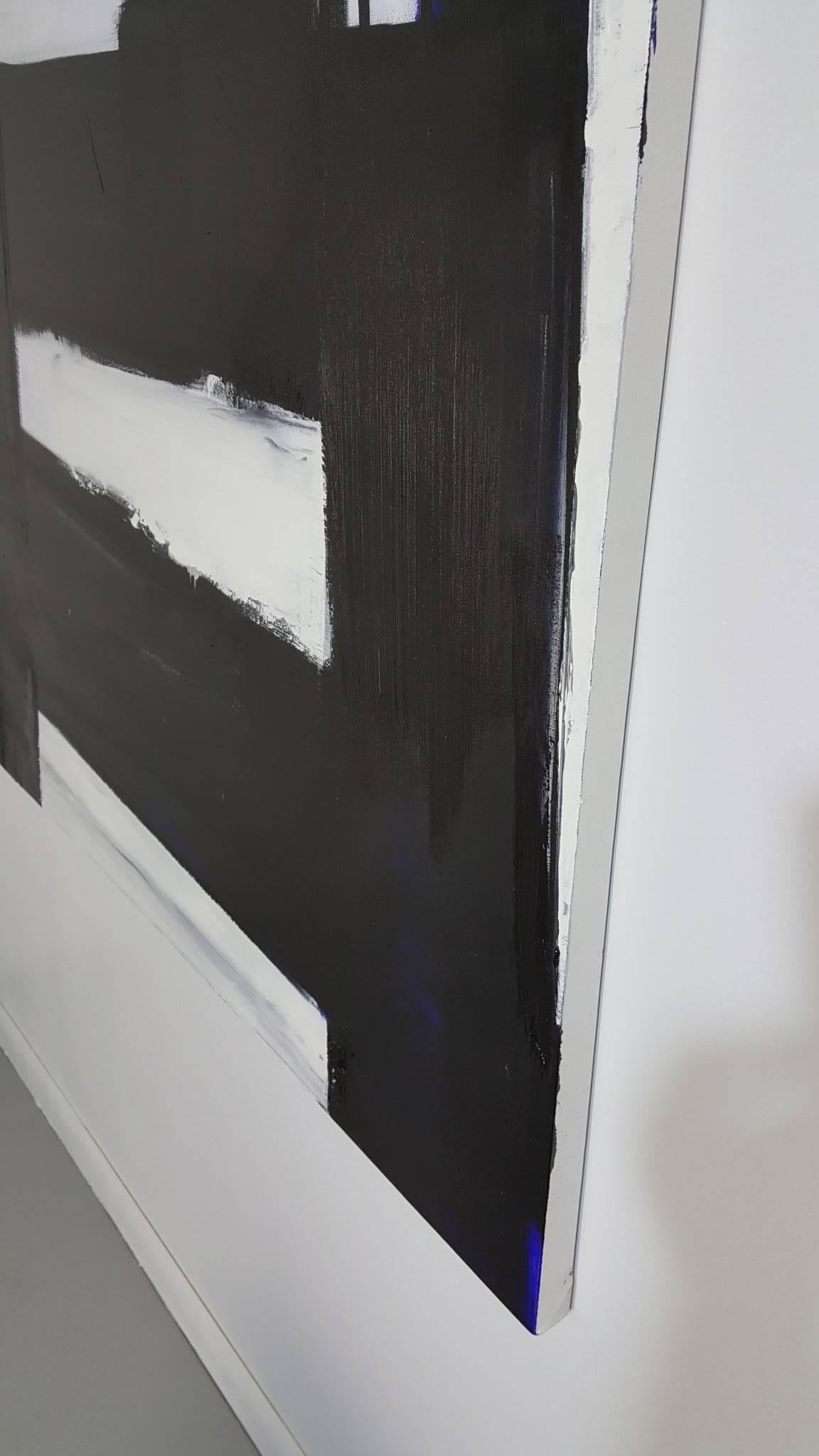 Large black and white oil on canvas abstract painting by Philadelphia artist, Guillermo Calles. These pieces have wonderful texture and composition. 

See this item in our private NYC showroom! Refine Limited is located in the heart of Chelsea at