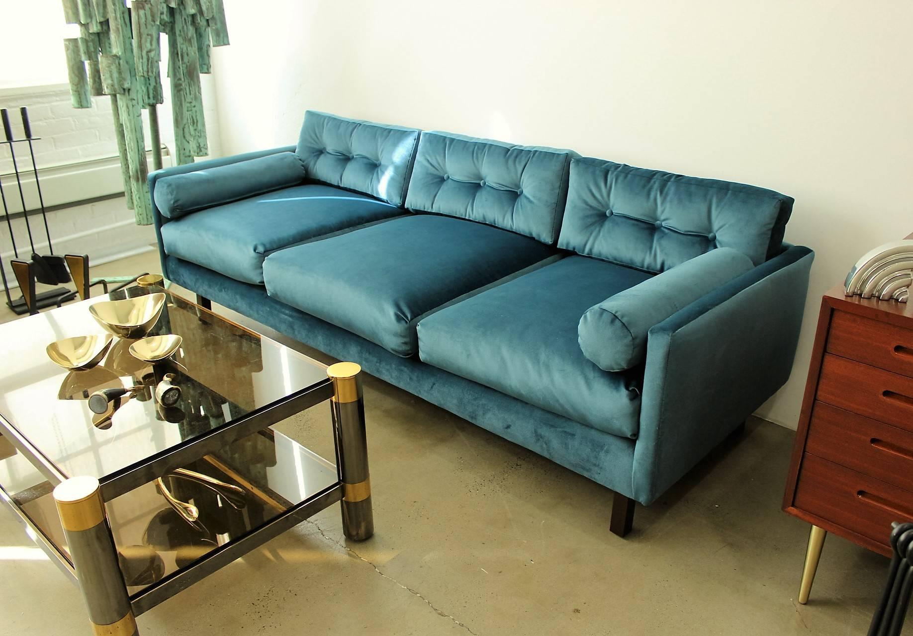 Harvey Probber Tuxedo sofa in peacock velvet with down cushions, 1960s. Completely restored in a rich peacock velvet and fitted with down cushions. Very comfortable and sturdy. 

See this item in our private NYC showroom! Refine Limited is located