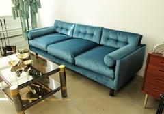 Harvey Probber Tuxedo Sofa in Peacock Velvet with Down Cushions, 1960s