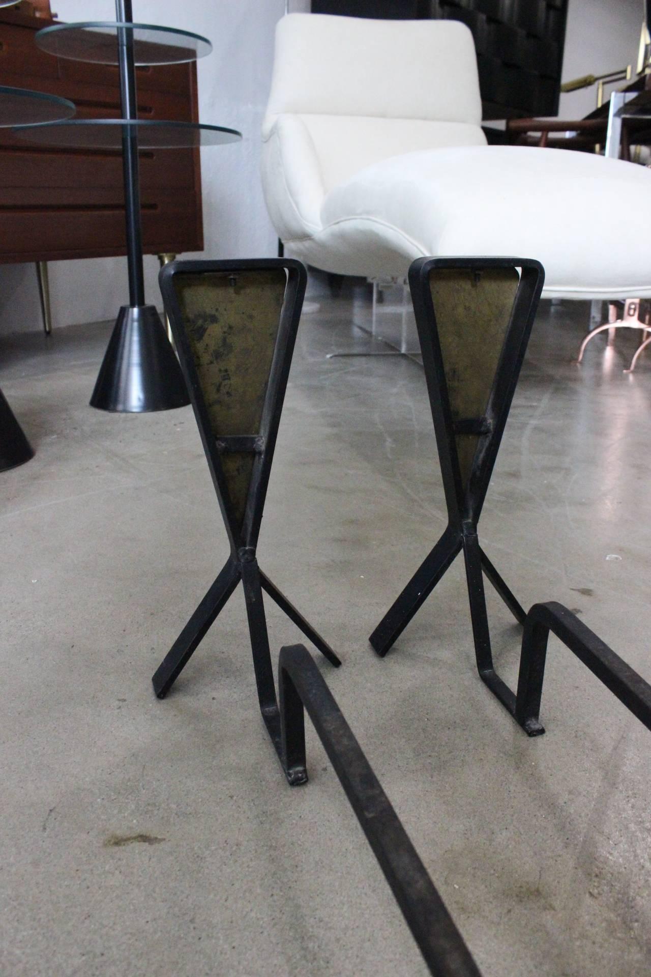 Mid-Century Modern Minimalist French Modern Wrought Iron and Brass Andirons, 1950s