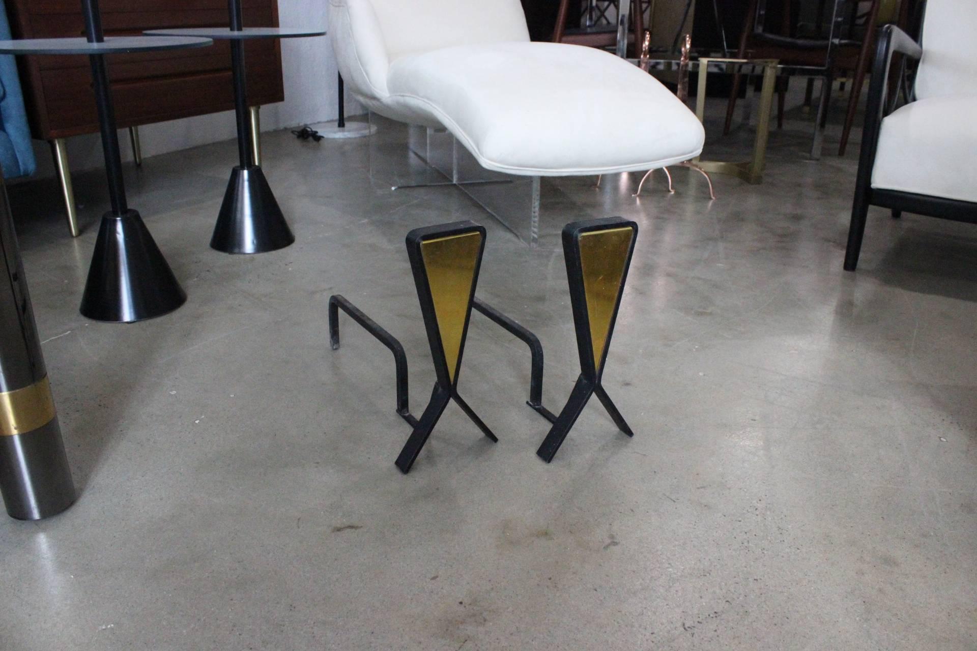 American Minimalist French Modern Wrought Iron and Brass Andirons, 1950s