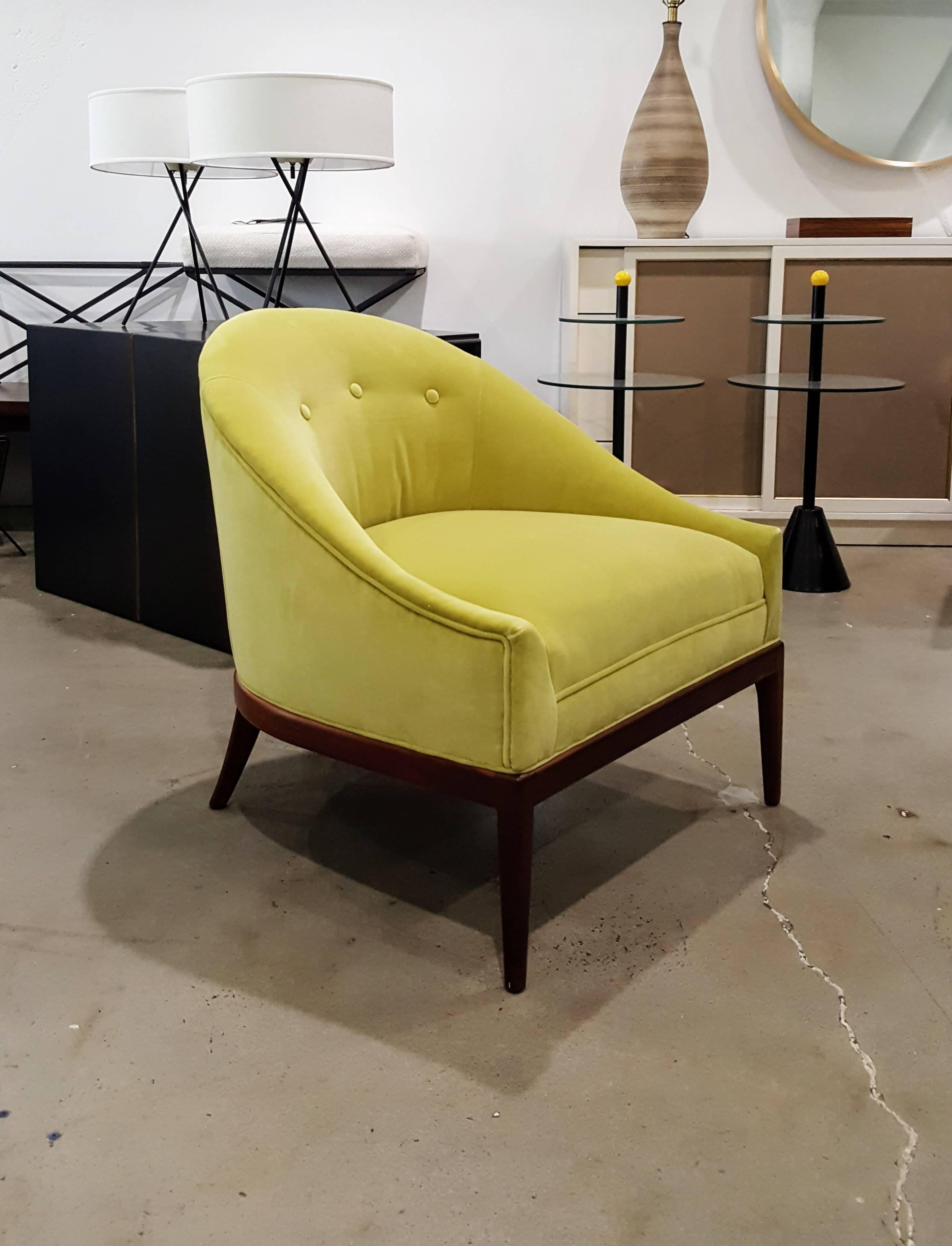 Modern slipper chairs in New Celadon green velvet, 1960s. In the style of Harvey Probber.

See this item in our private NYC showroom! Refine Limited is located in the heart of Chelsea at the history Starrett-LeHigh Building, 601 West 26th Street,