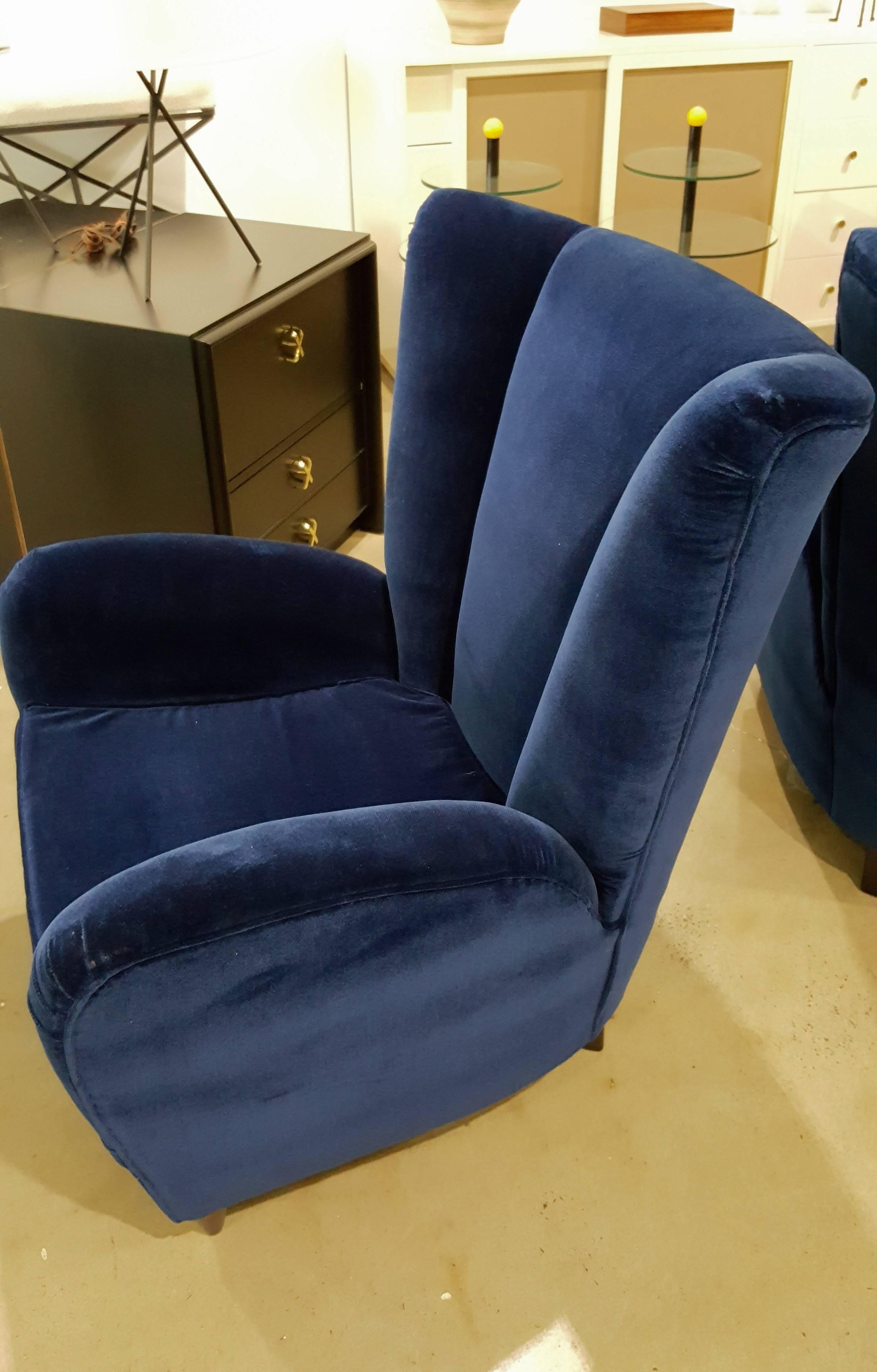 Velvet Pair of Sculptural Italian Lounge Chairs After Paolo Buffa, Italy, 1950s