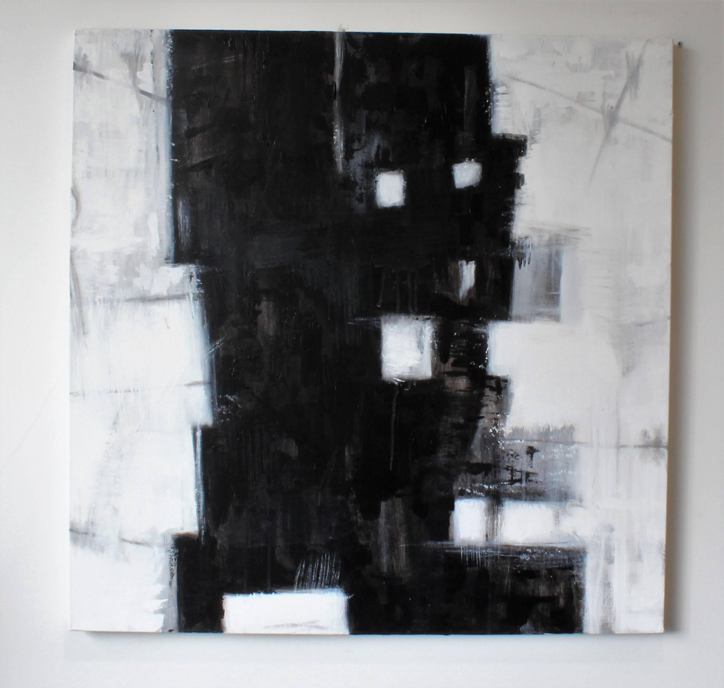 Original black and white abstract painting by Brian Potter, NYC, 2016. Incredible layers and detail. Brian's abstract and cubist style is influenced by Paul Klee, Willem de Kooning, Gerhard Richter, Robert Rauschenberg and Franz Kline.