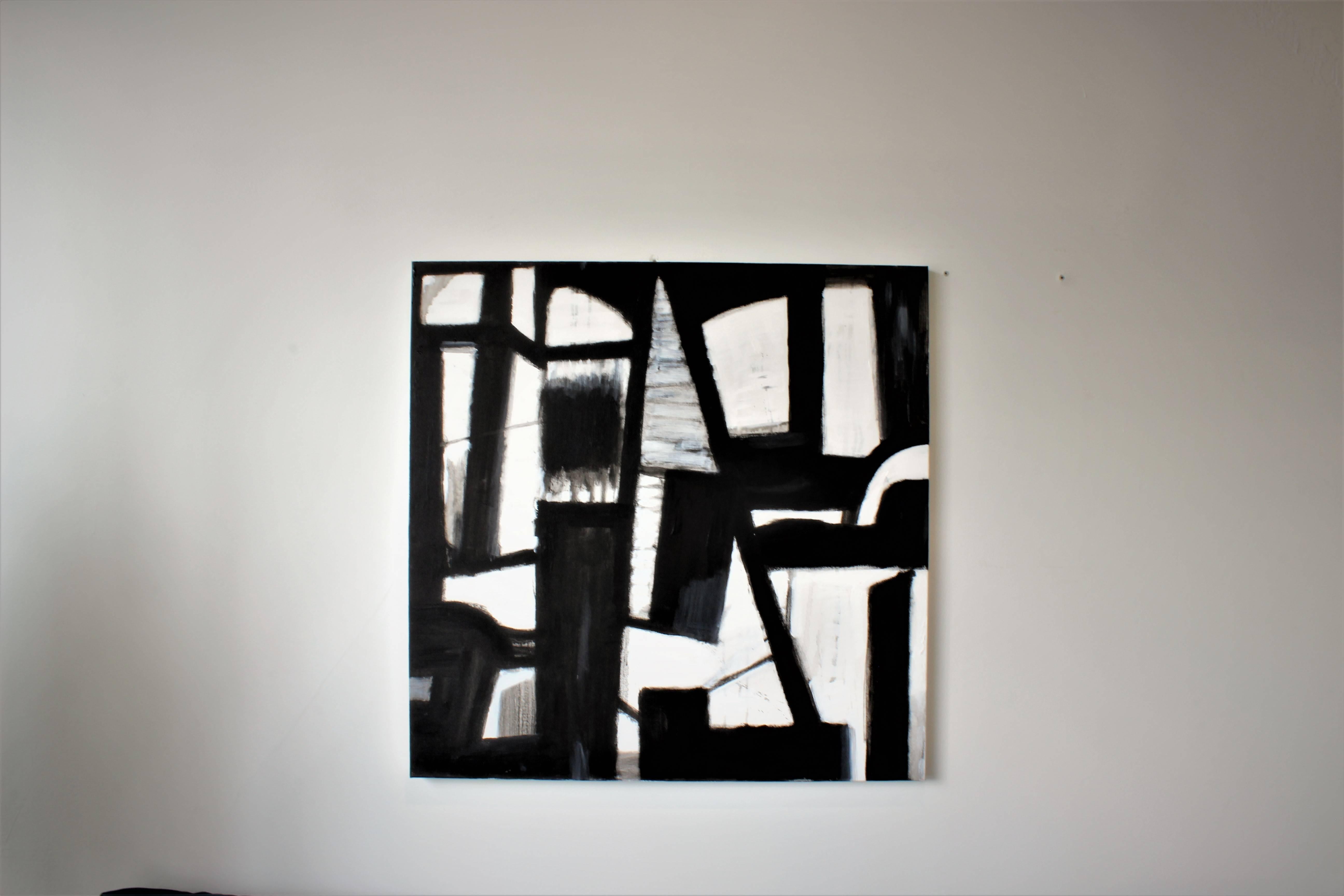 Original black and white abstract painting by Brian Potter, NYC, 2016. Incredible layers and detail. Brian's abstract and cubist style is influenced by Paul Klee, Willem de Kooning, Gerhard Richter, Robert Rauschenberg and Franz Kline.
