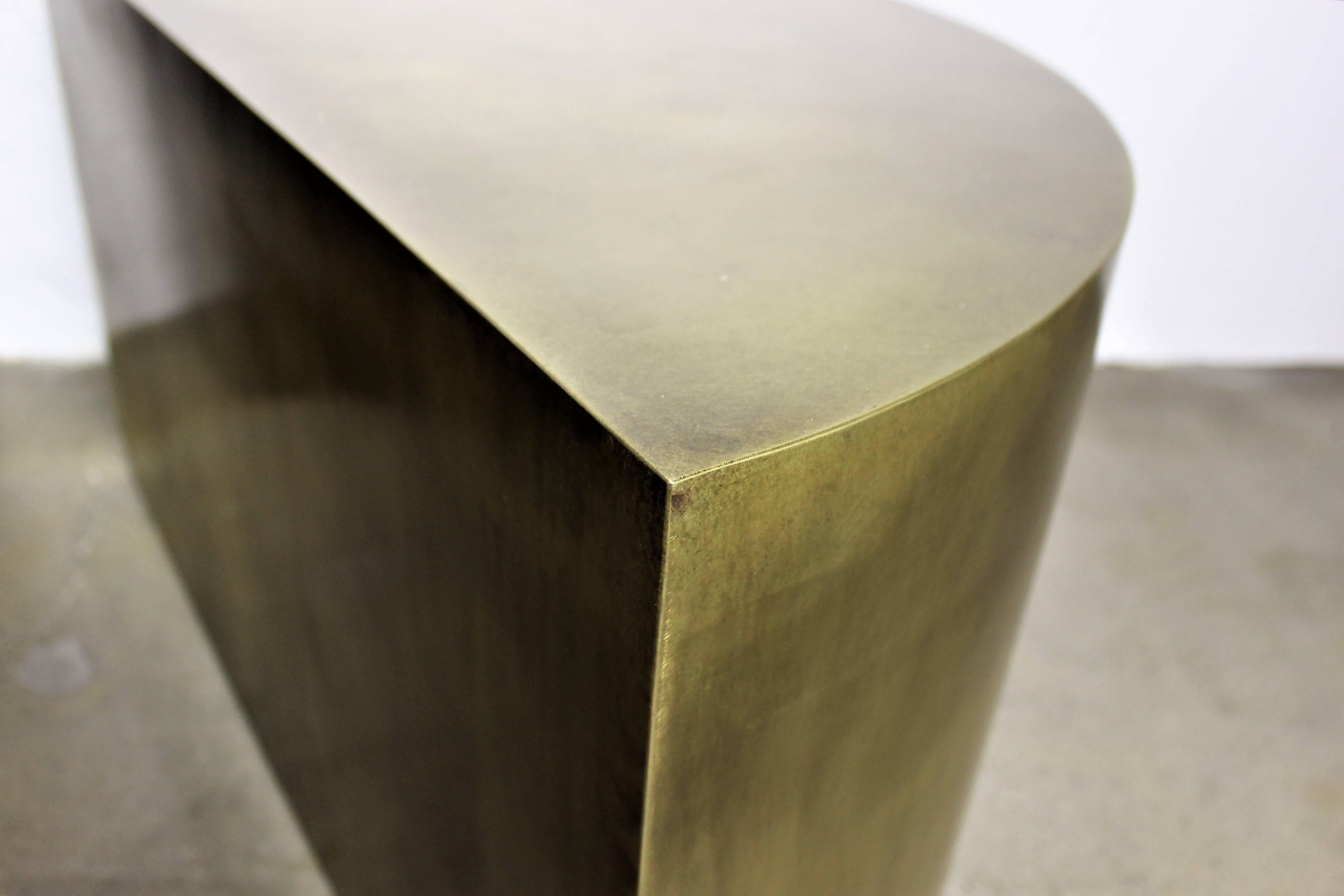 Contemporary Solid Brass Geometric Demilune Side Tables with Heavy Patina, a pair