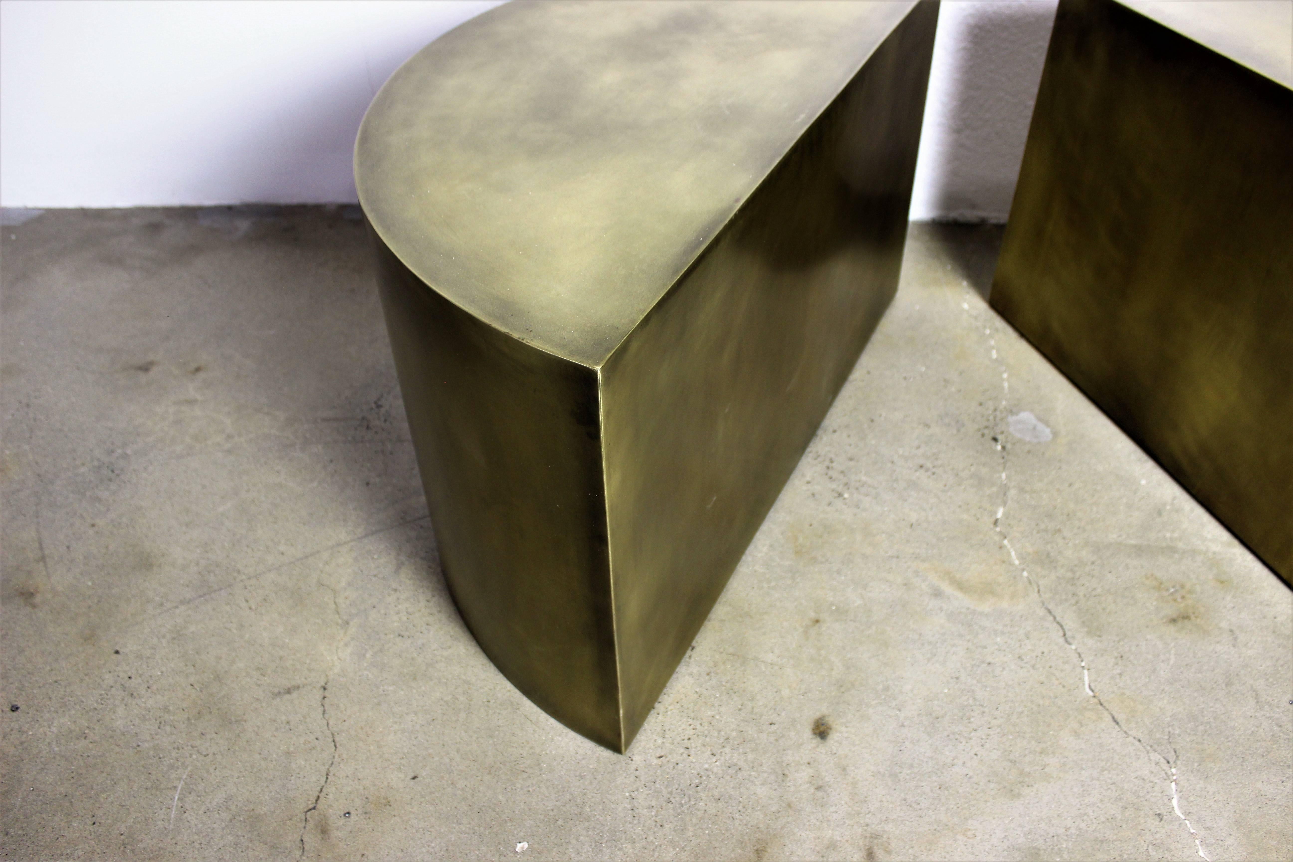Metal Solid Brass Geometric Demilune Side Tables with Heavy Patina, a pair