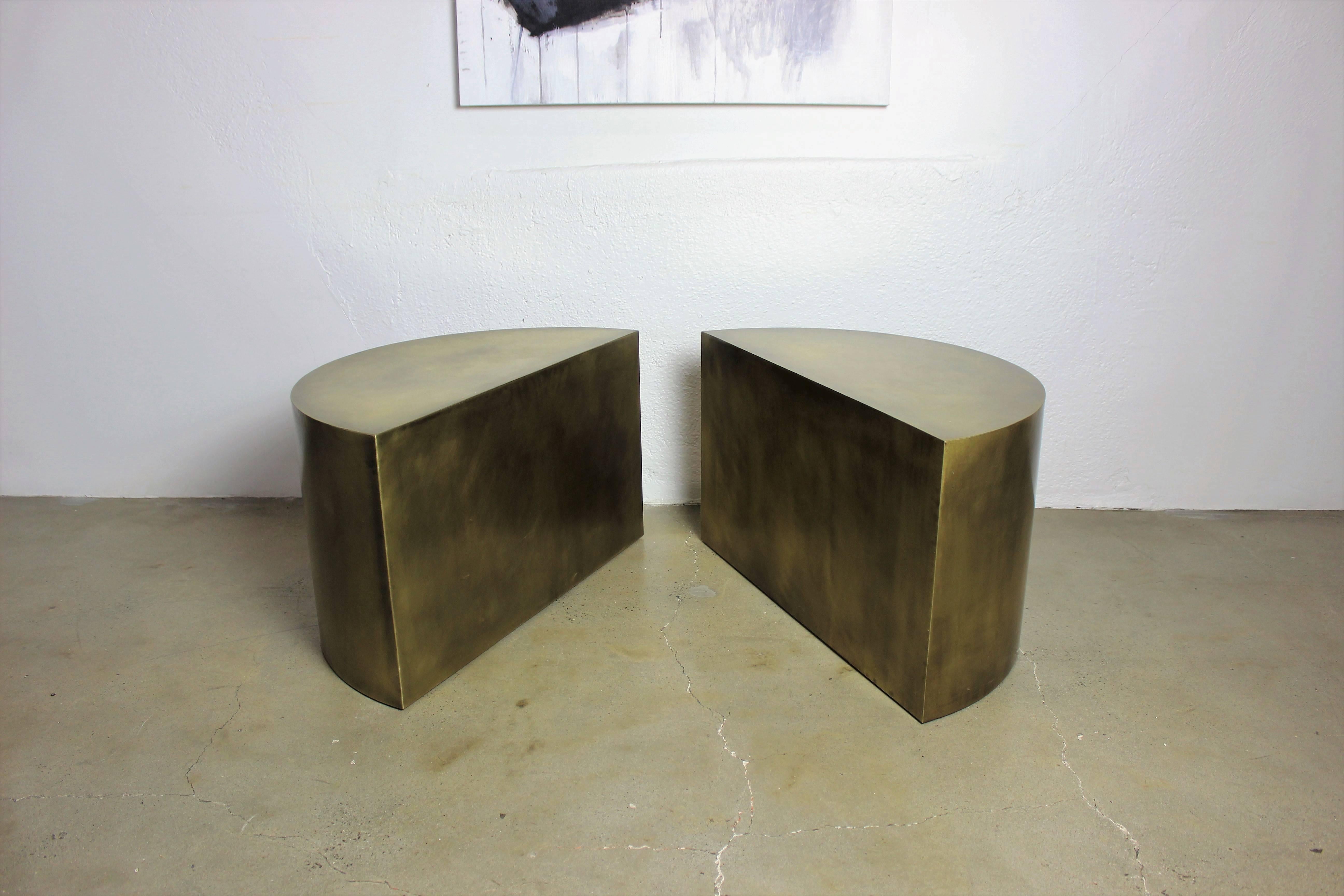 Solid Brass Geometric Demilune Side Tables with Heavy Patina, a pair 1