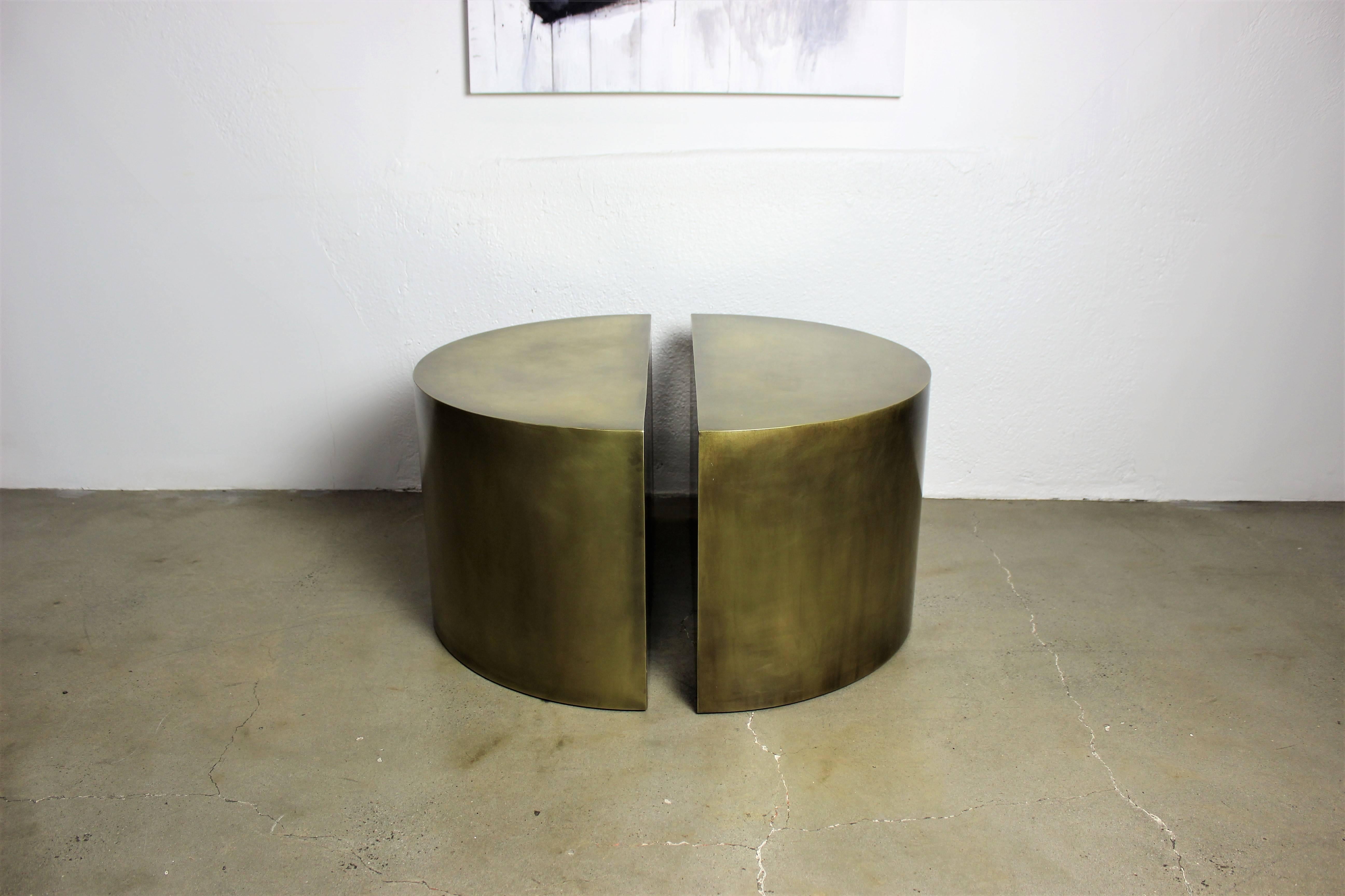 Hollywood Regency Solid Brass Geometric Demilune Side Tables with Heavy Patina, a pair