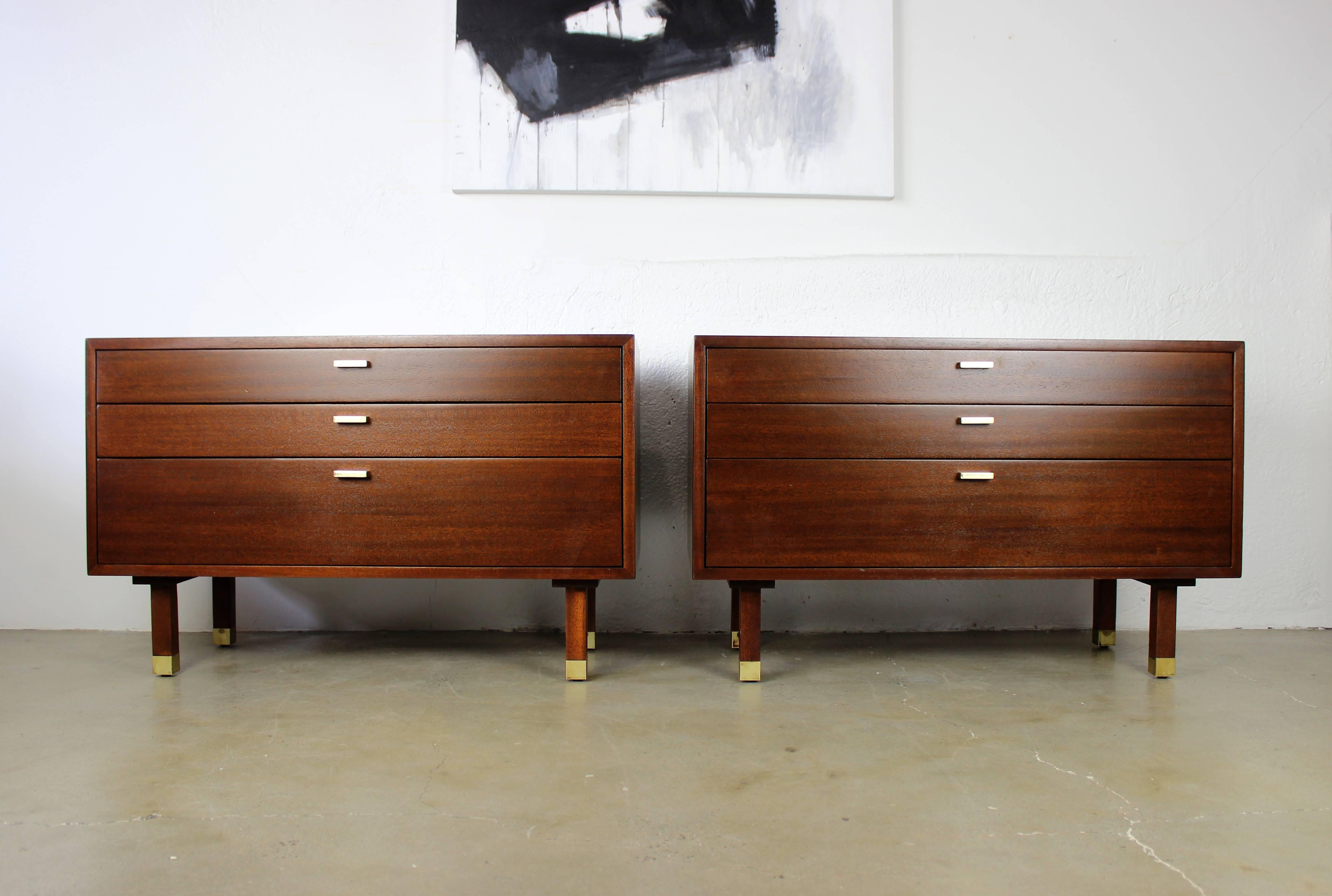 Large mahogany Harvey Probber nightstands or bedside tables with brass feet and drawer pulls, circa 1965. Beautiful grain and clean handsome lines. These cabinets have been fully restored and are in excellent condition. Exceptional craftsmanship.