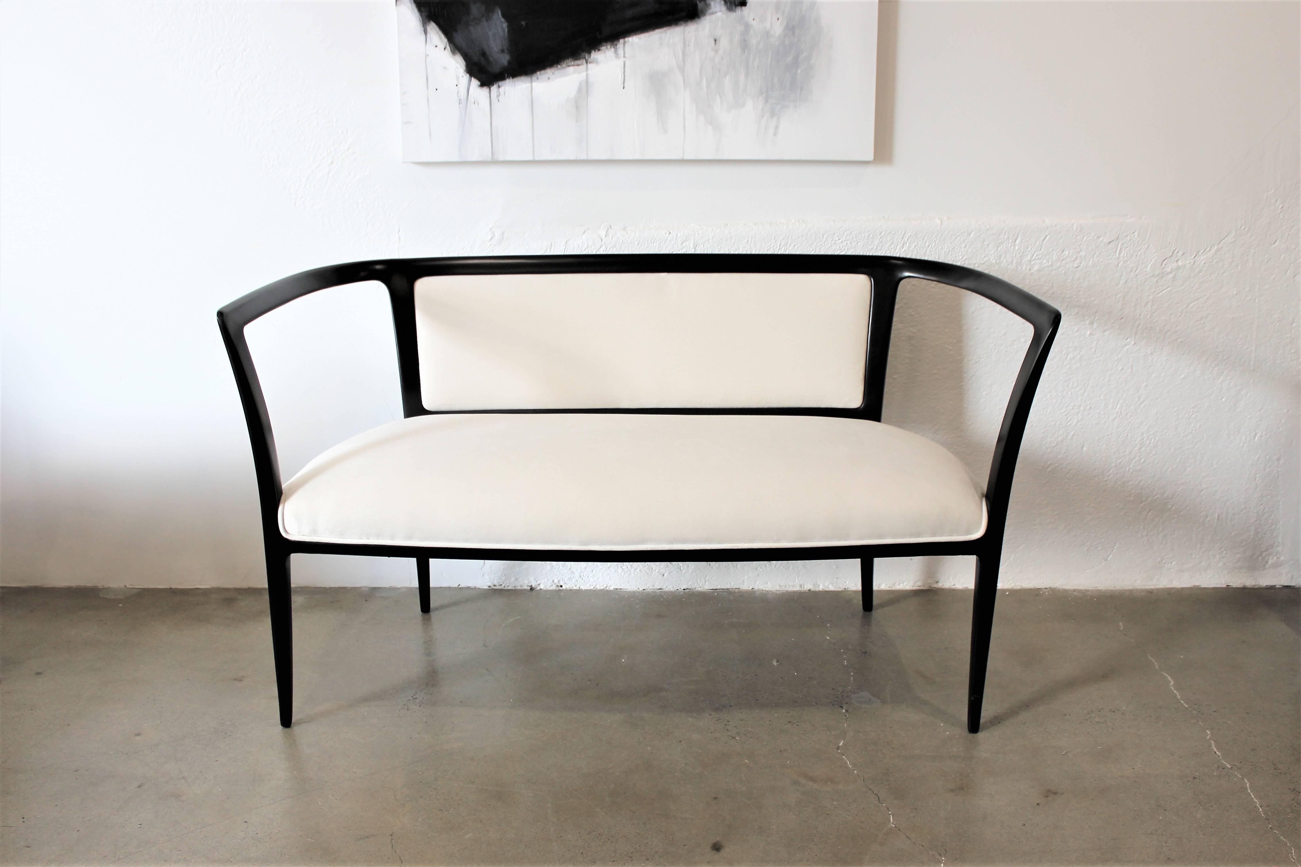 Hollywood Regency Sculptural Open Arm Settee or Bench Ebonized with White Velvet, 1940s