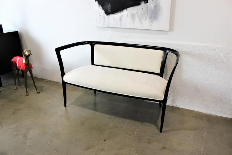 Sculptural Open Arm Settee or Bench Ebonized with White Velvet, 1940s In Excellent Condition In New York, NY