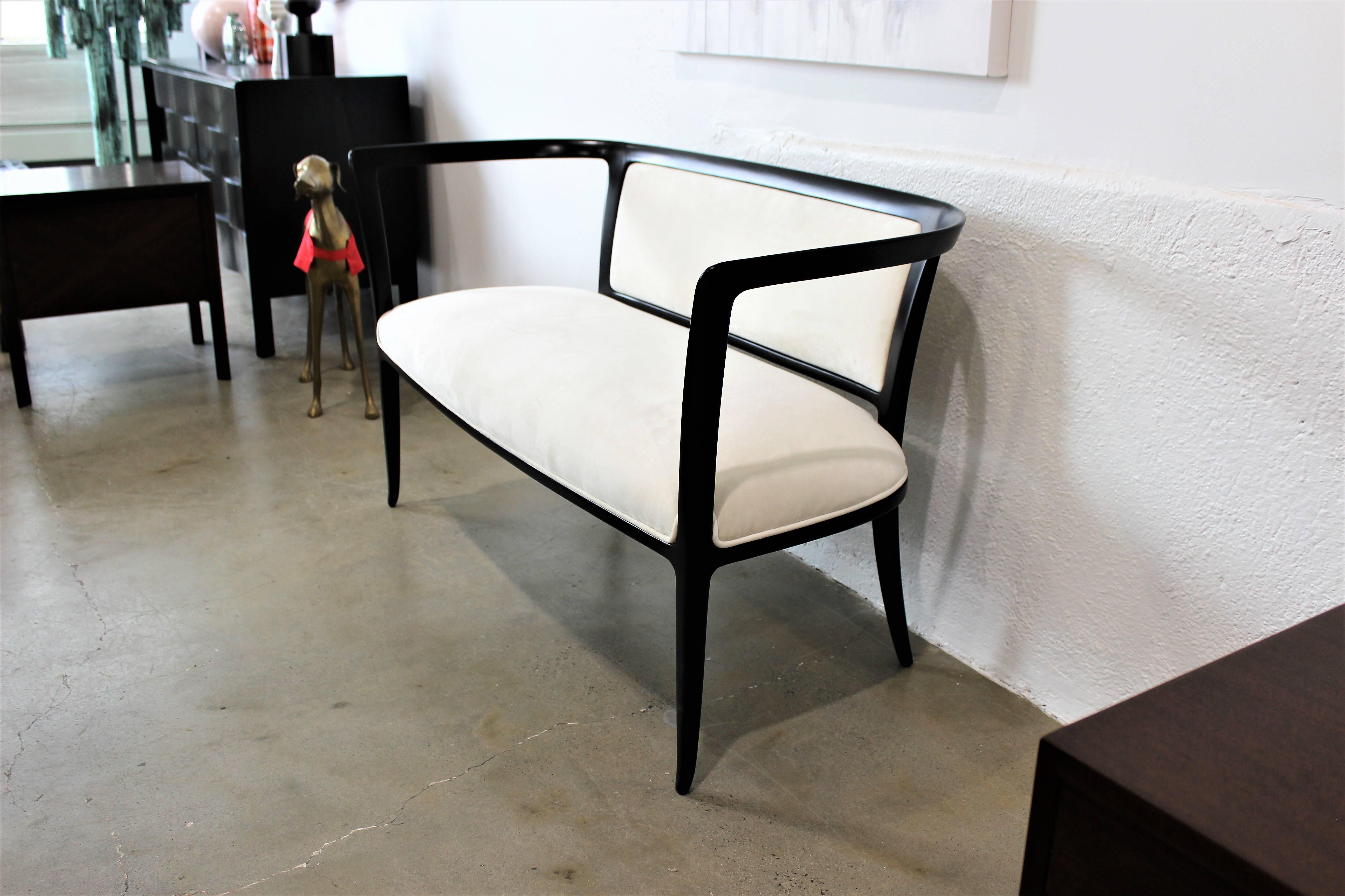 Sculptural Open Arm Settee or Bench Ebonized with White Velvet, 1940s 3