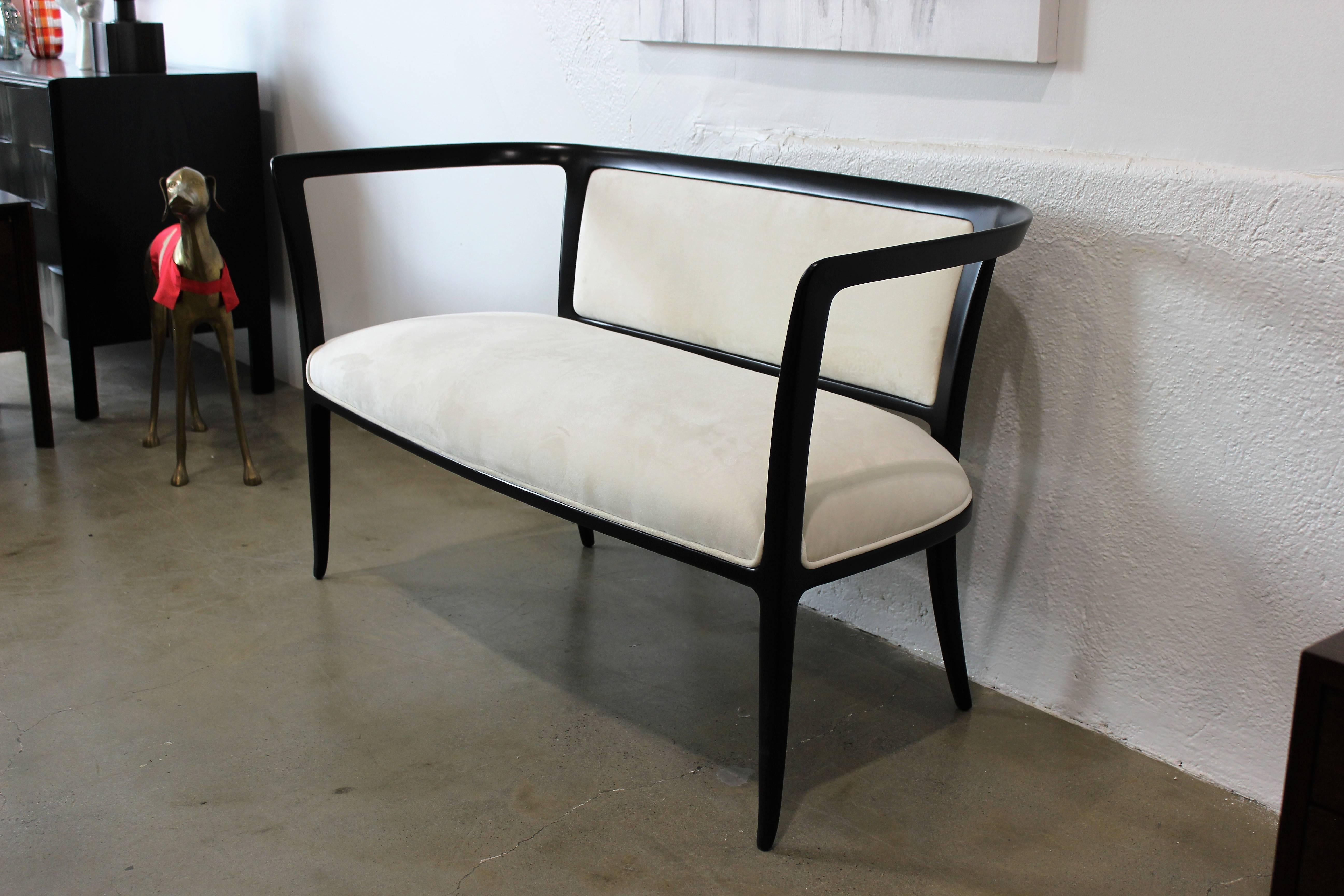 Sculptural Open Arm Settee or Bench Ebonized with White Velvet, 1940s 4