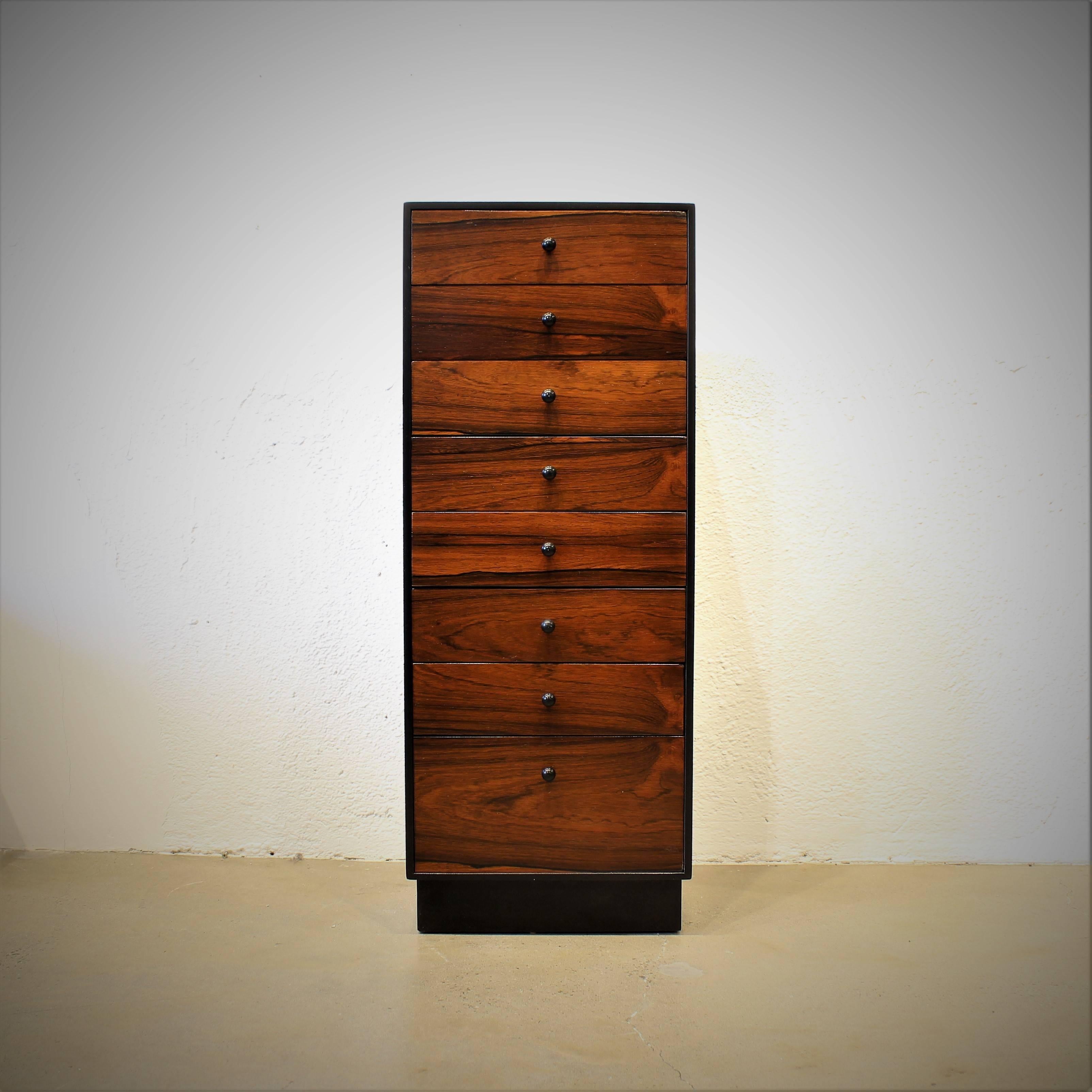 This rare ebonized and rosewood lingerie chest by Harvey Probber is absolutely gorgeous and very functional! It can be used as a lingerie, silver or jewelry chest. The fine rosewood grain is flawless and well matched.