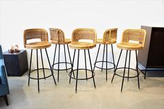 Set of Pristine Rattan and Wrought Iron Bar Stools by Seng of Chicago, 1950s