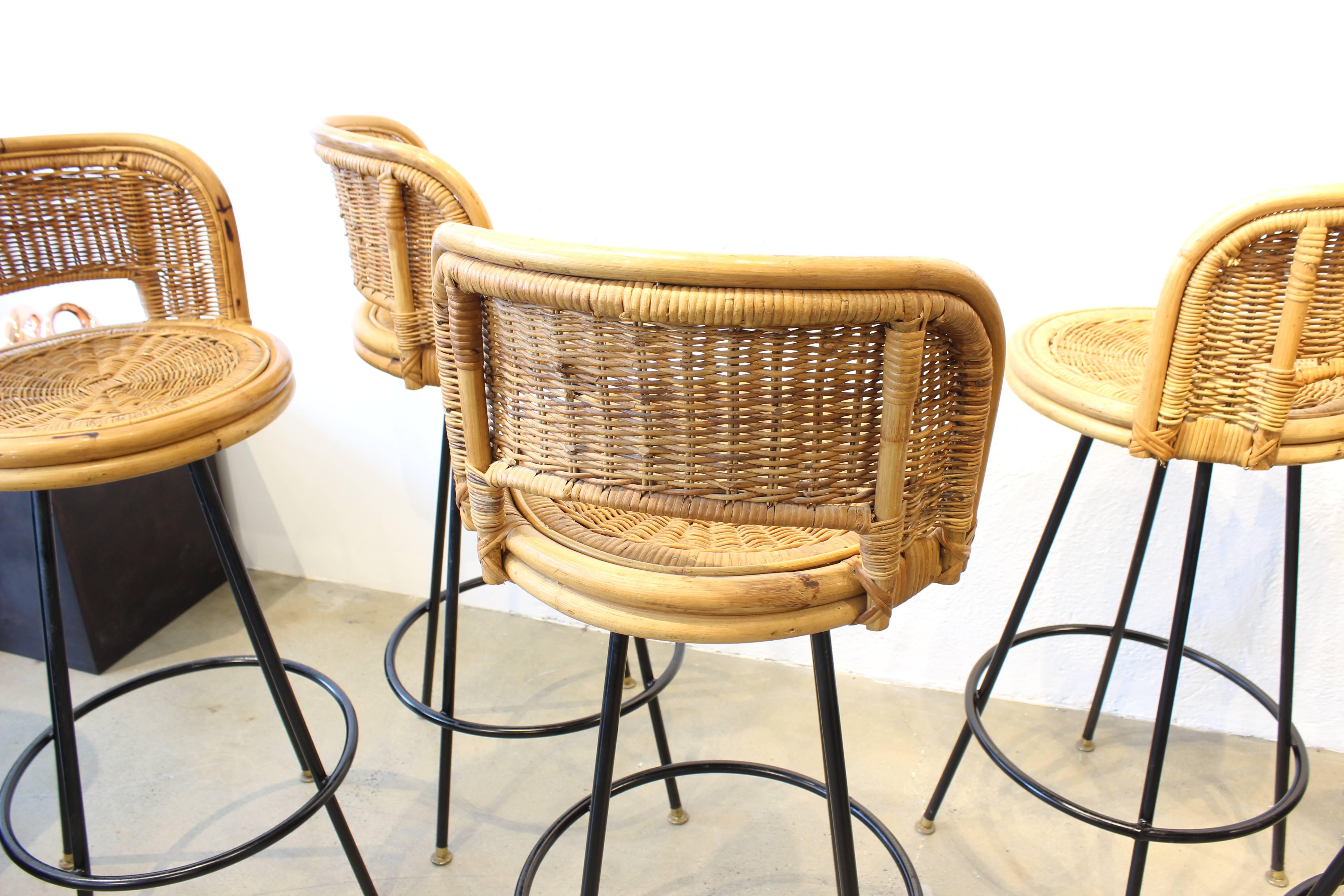 American Set of Pristine Rattan and Wrought Iron Bar Stools by Seng of Chicago, 1950s