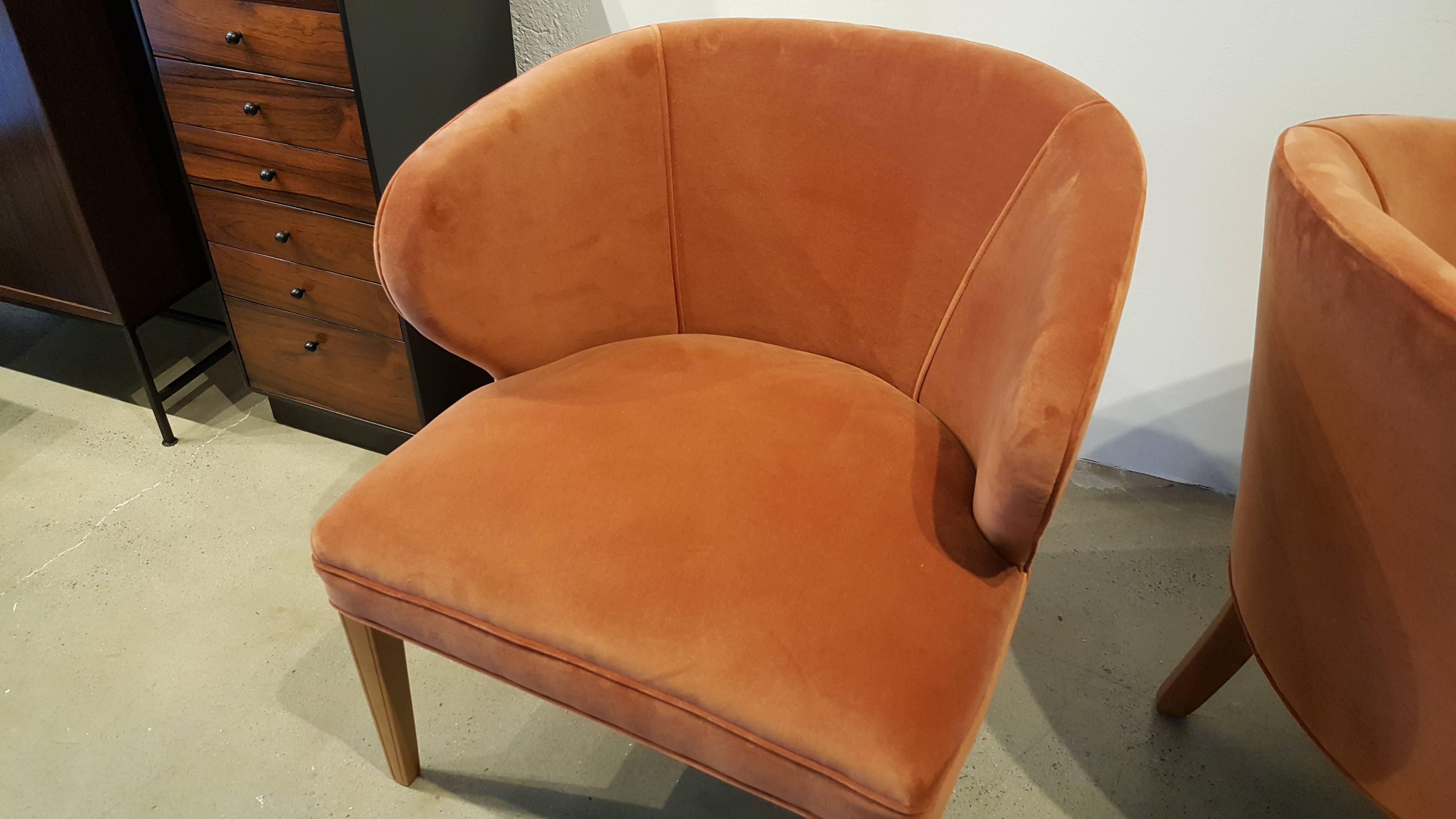 Comfy Sculptural Scandinavian Armchairs in Apricot Velvet, 1960s In Excellent Condition In New York, NY