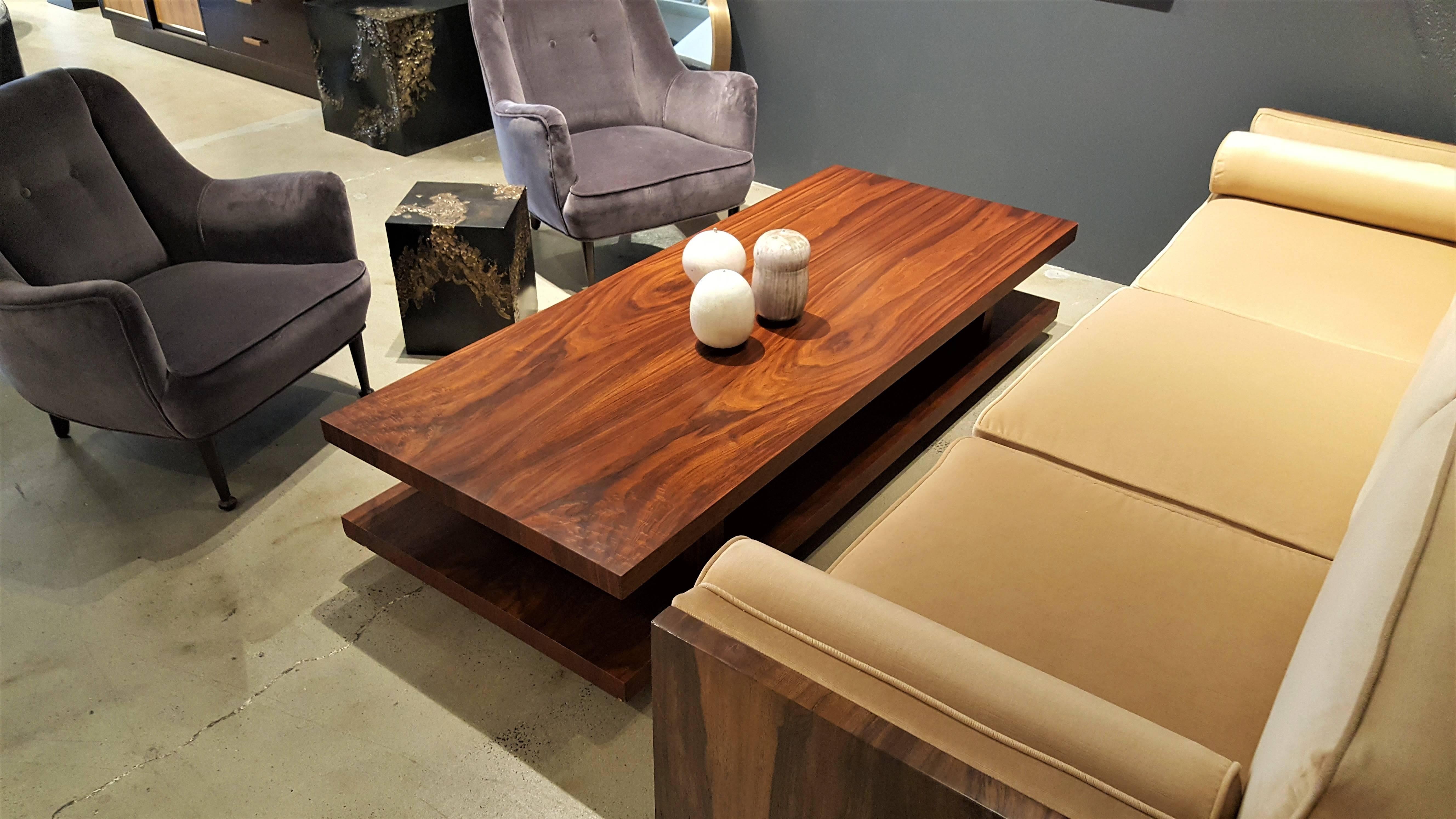 American Very Large Rectangular Walnut Coffee Table with Wicked Grain, 1970s