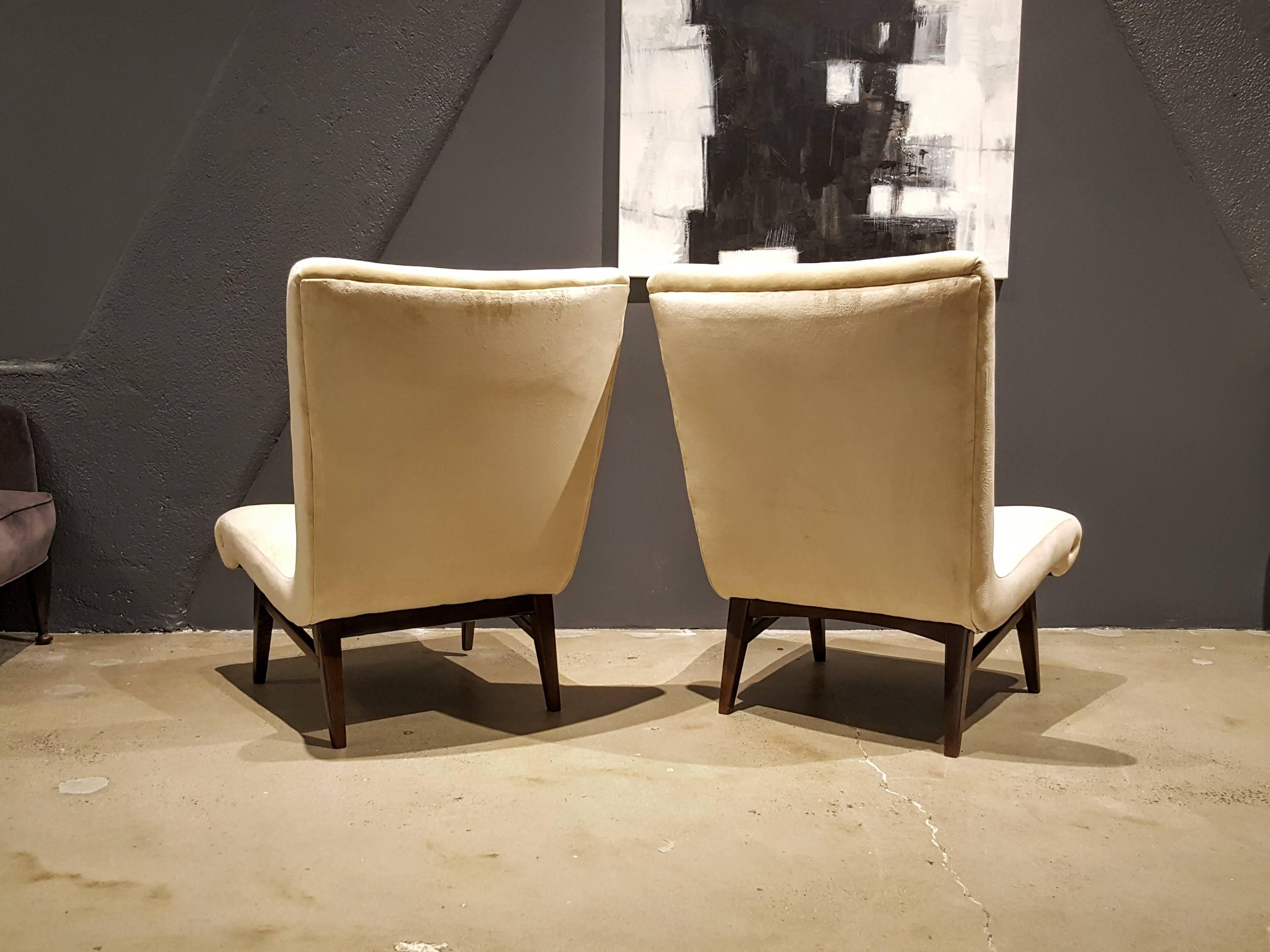Sculptural Swedish Slipper Chairs in a Creamy Buff Velvet, 1950s 1