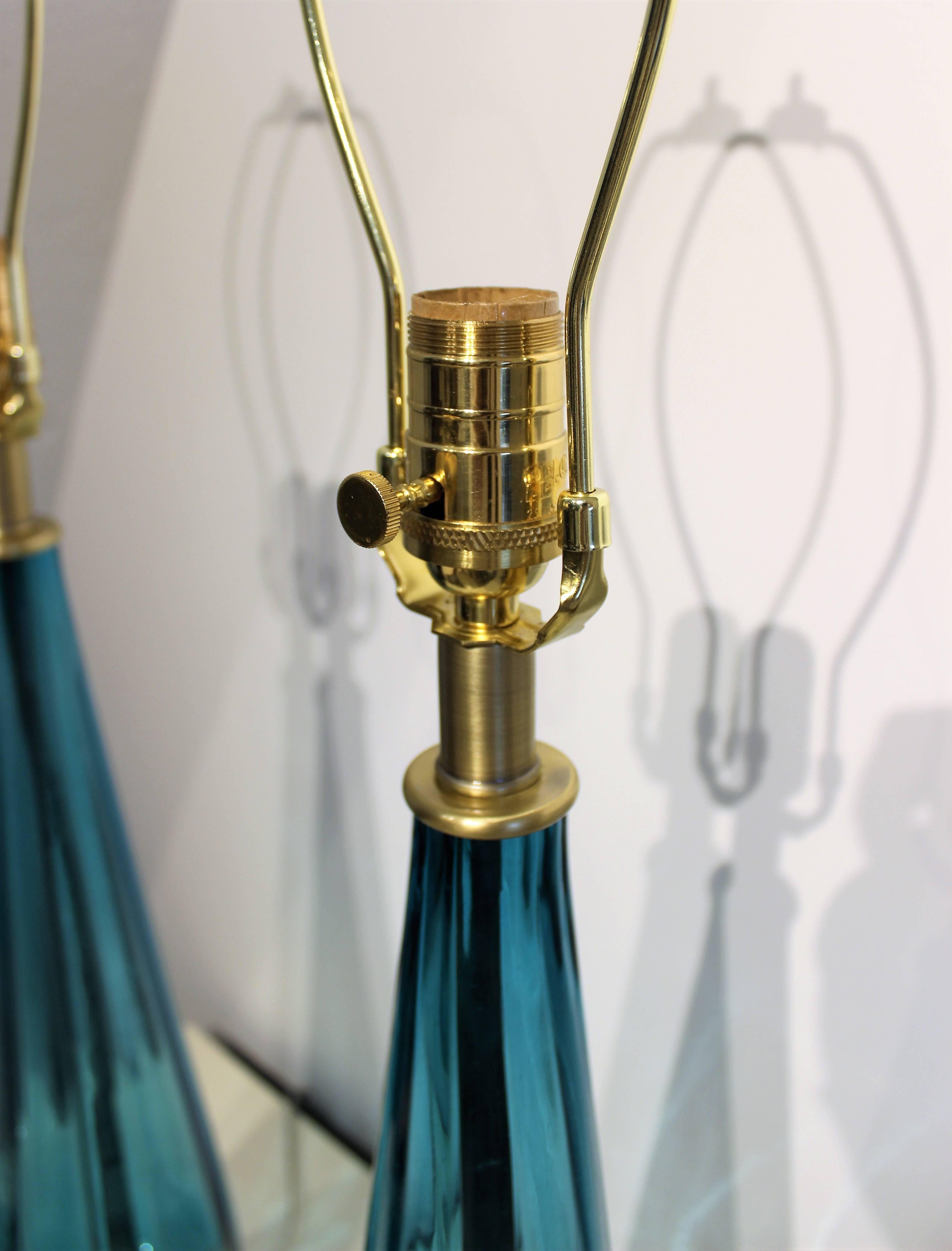 Large Handblown Murano Glass Lamps in Cyan Blue Green, Italy 1960s In Excellent Condition In New York, NY