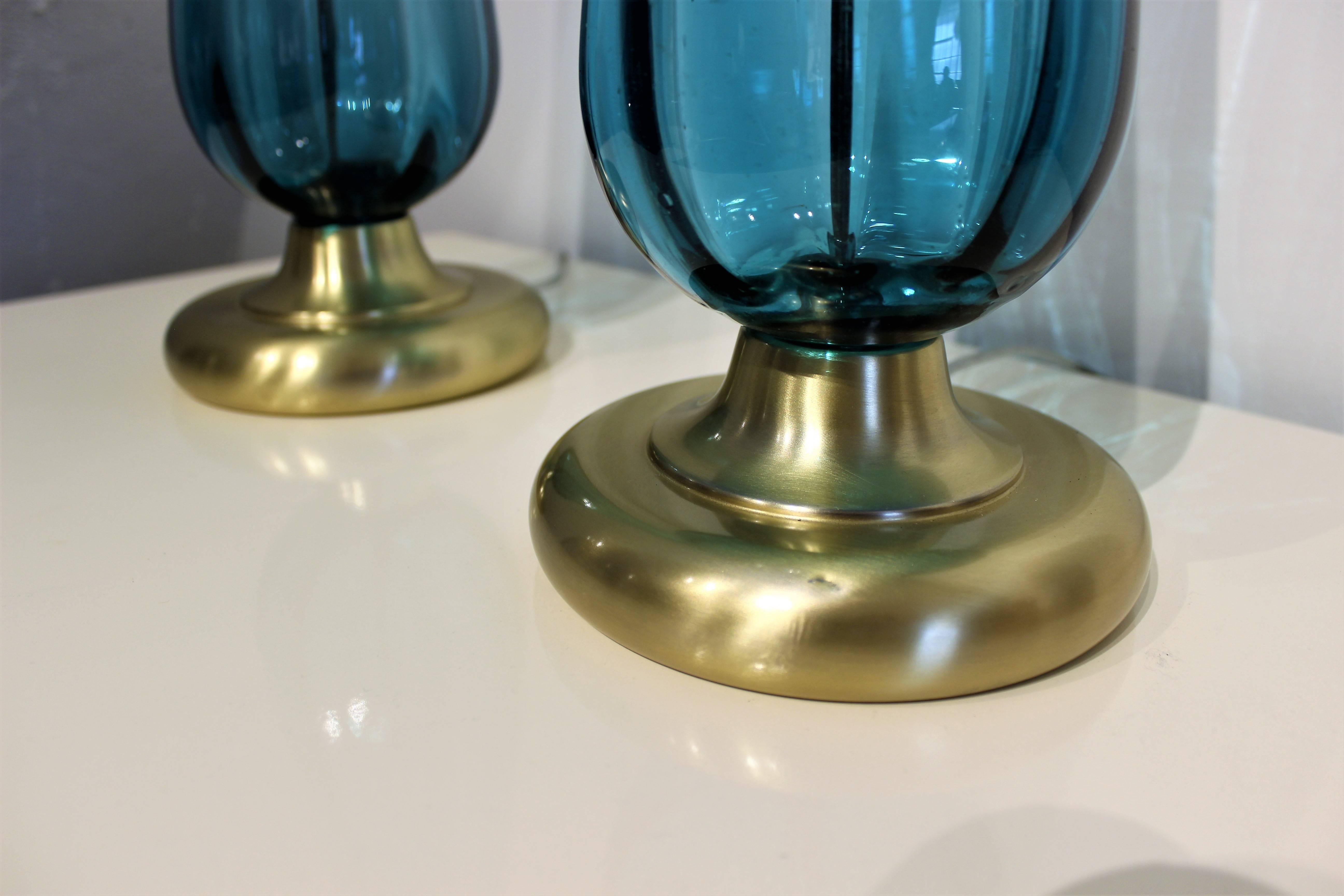 Italian Large Handblown Murano Glass Lamps in Cyan Blue Green, Italy 1960s