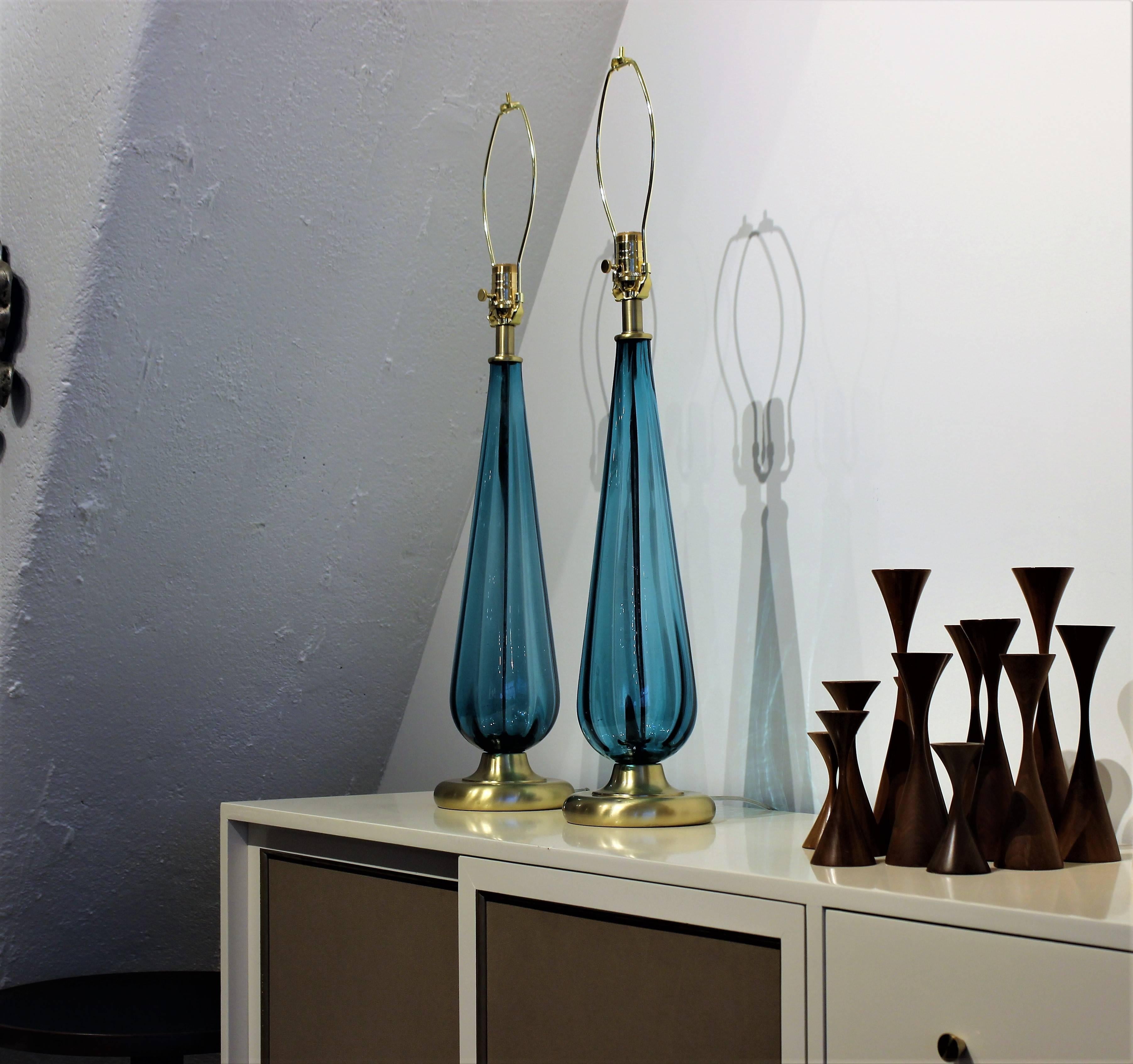Mid-Century Modern Large Handblown Murano Glass Lamps in Cyan Blue Green, Italy 1960s