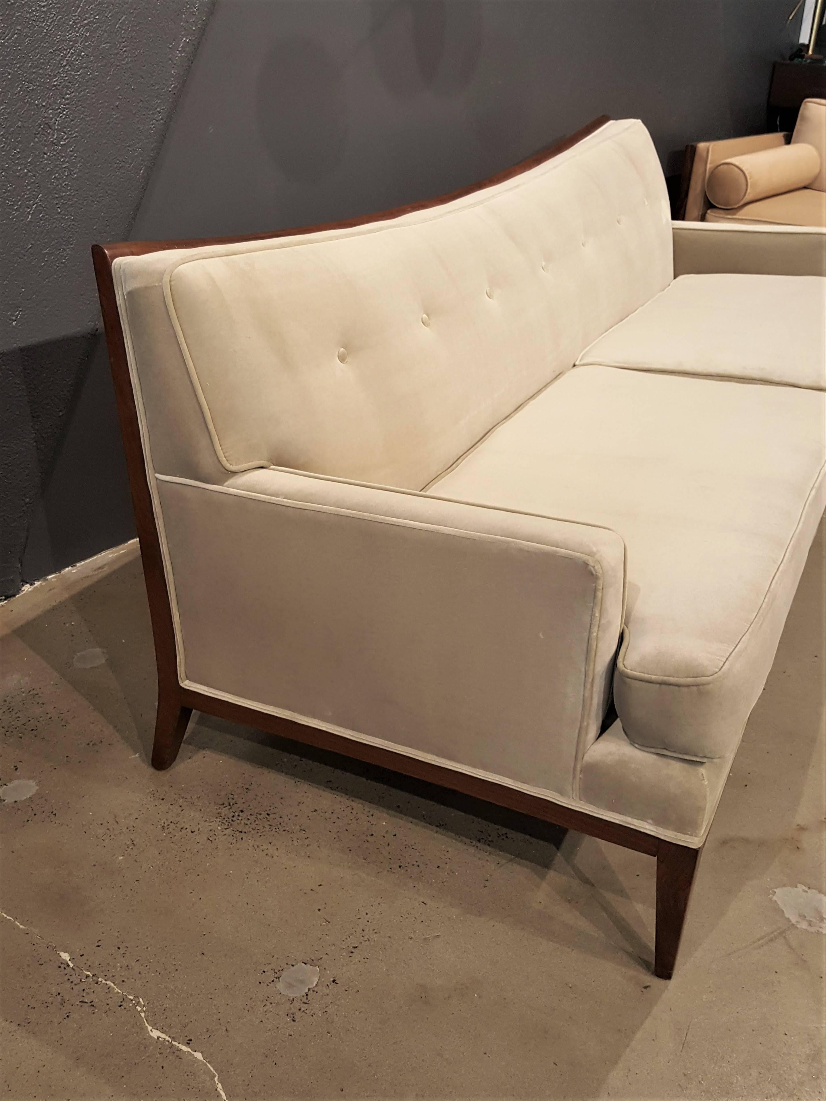 Mid-Century Modern Gorgeous Sway Back Sofa with Exposed Mahogany Frame Attributed to Paul McCobb