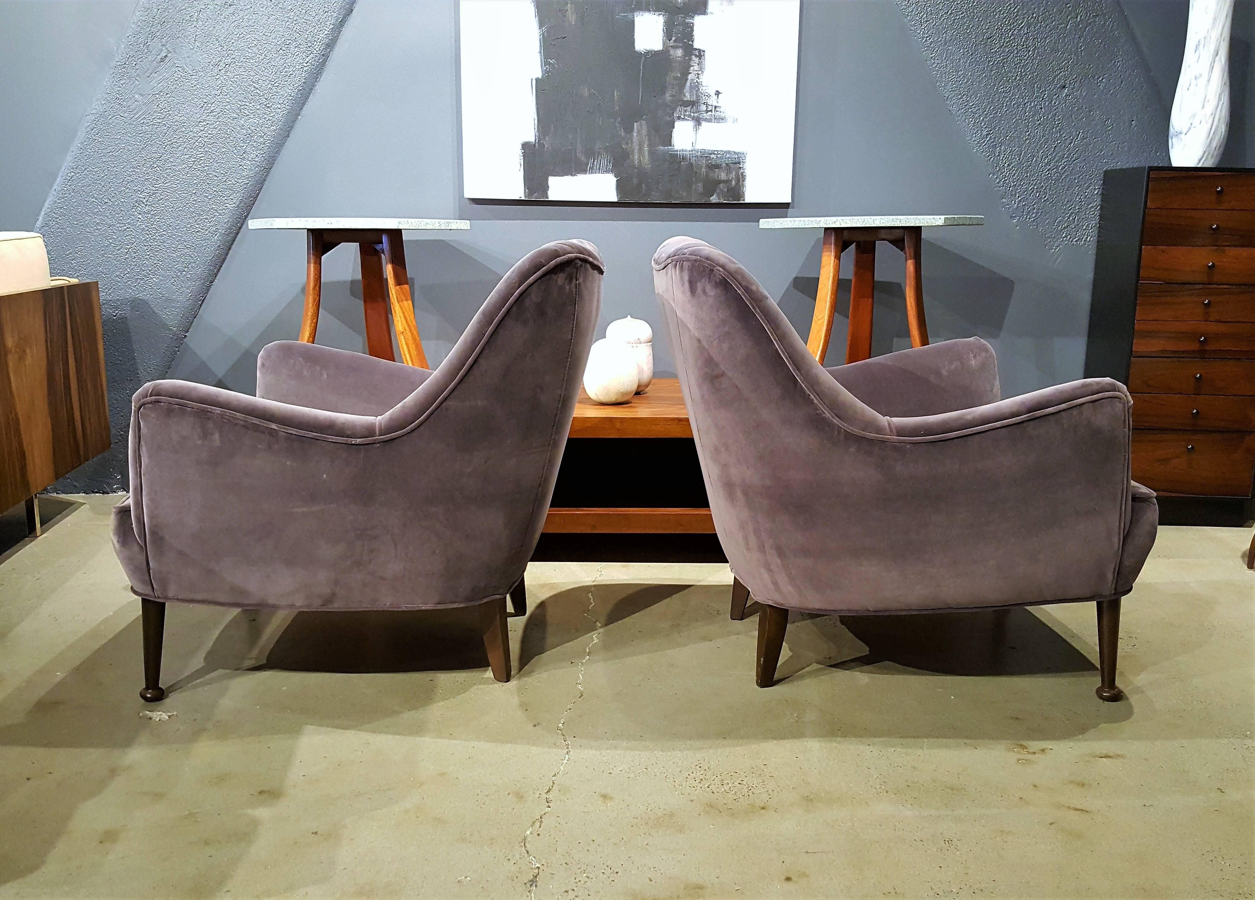 Italian Luxe Pair of Mid-Century Modern Lounge Chairs in Deep Lilac Gray Velvet