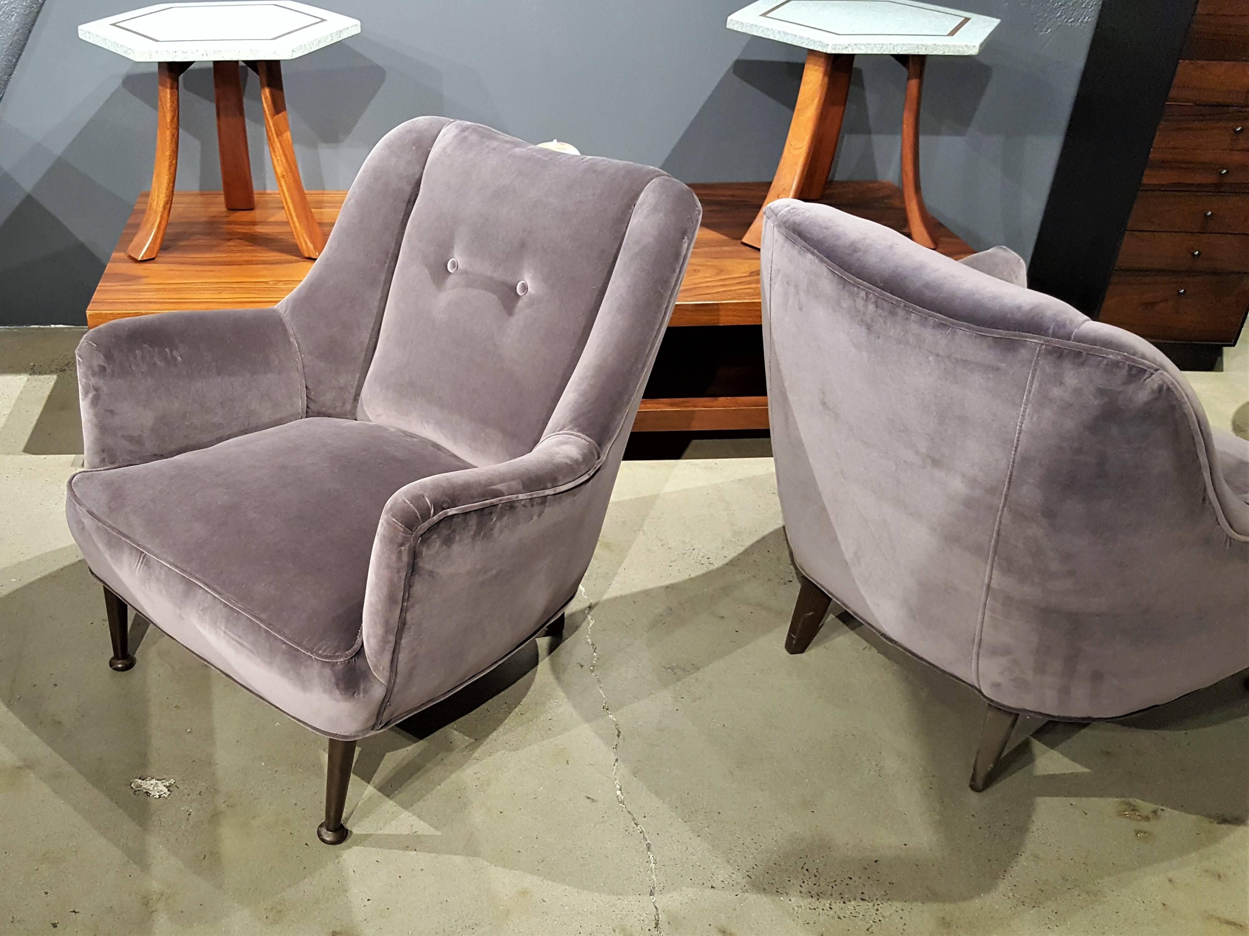 Cotton Luxe Pair of Mid-Century Modern Lounge Chairs in Deep Lilac Gray Velvet