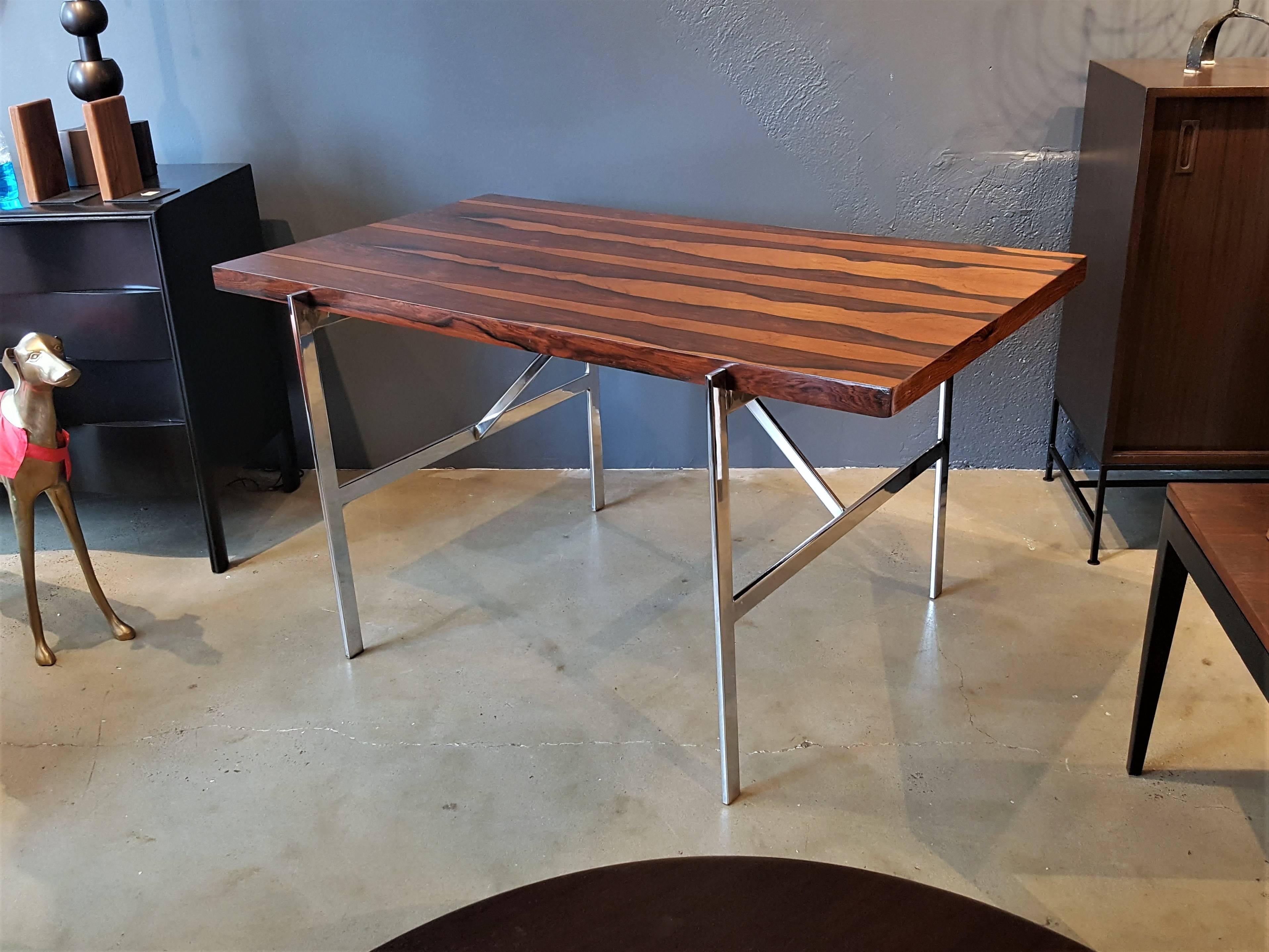 Striking custom Milo Baughman for Thayer Coggin rosewood and nickel-plated steel writing table or desk. Would also work well as a minimal, elegant vanity table. Absolutely stunning, incredible grain with color variations within the rosewood running