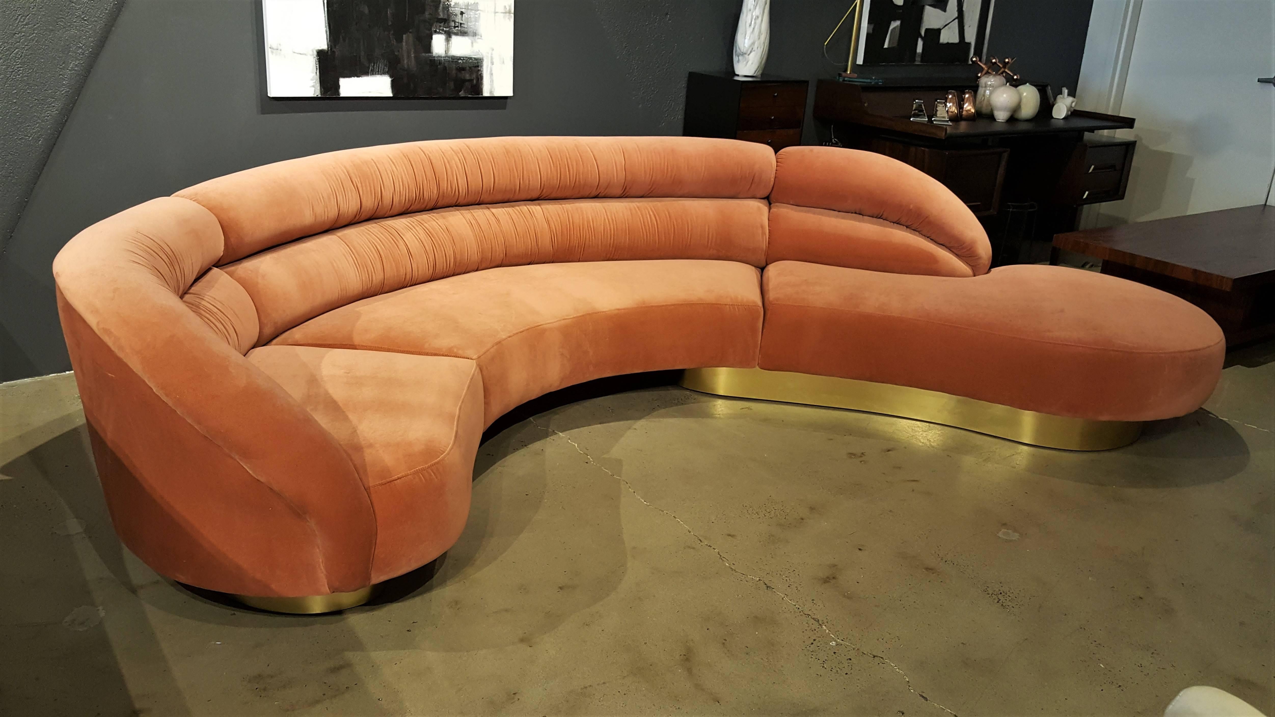 American Dramatic Serpentine Sofa, Vladimir Kagan style, Blush Velvet and Brass