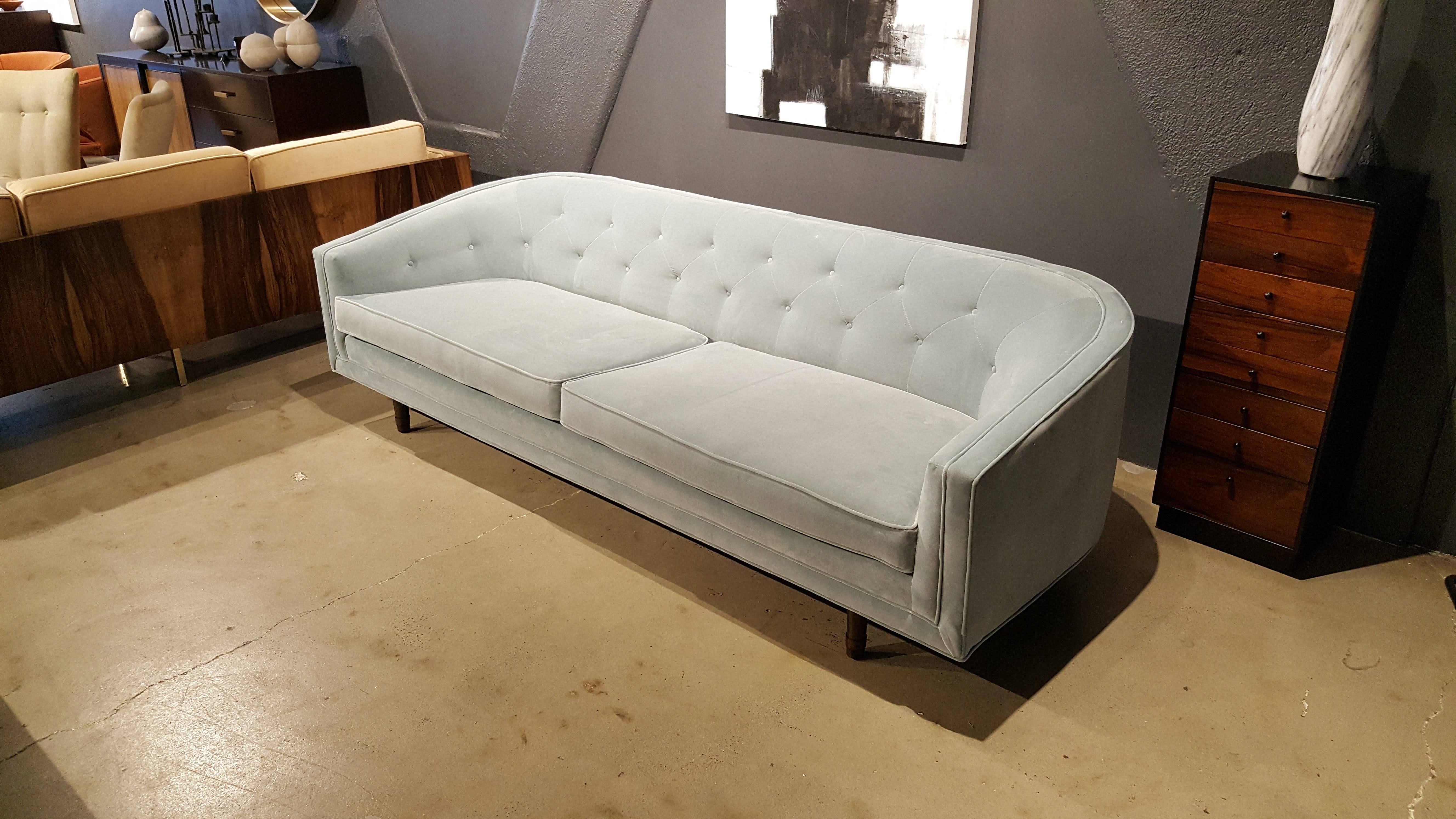 American Mid-Century Sofa by Selig in Pale Blue Grey Velvet, 60s, William Hinn Attributed
