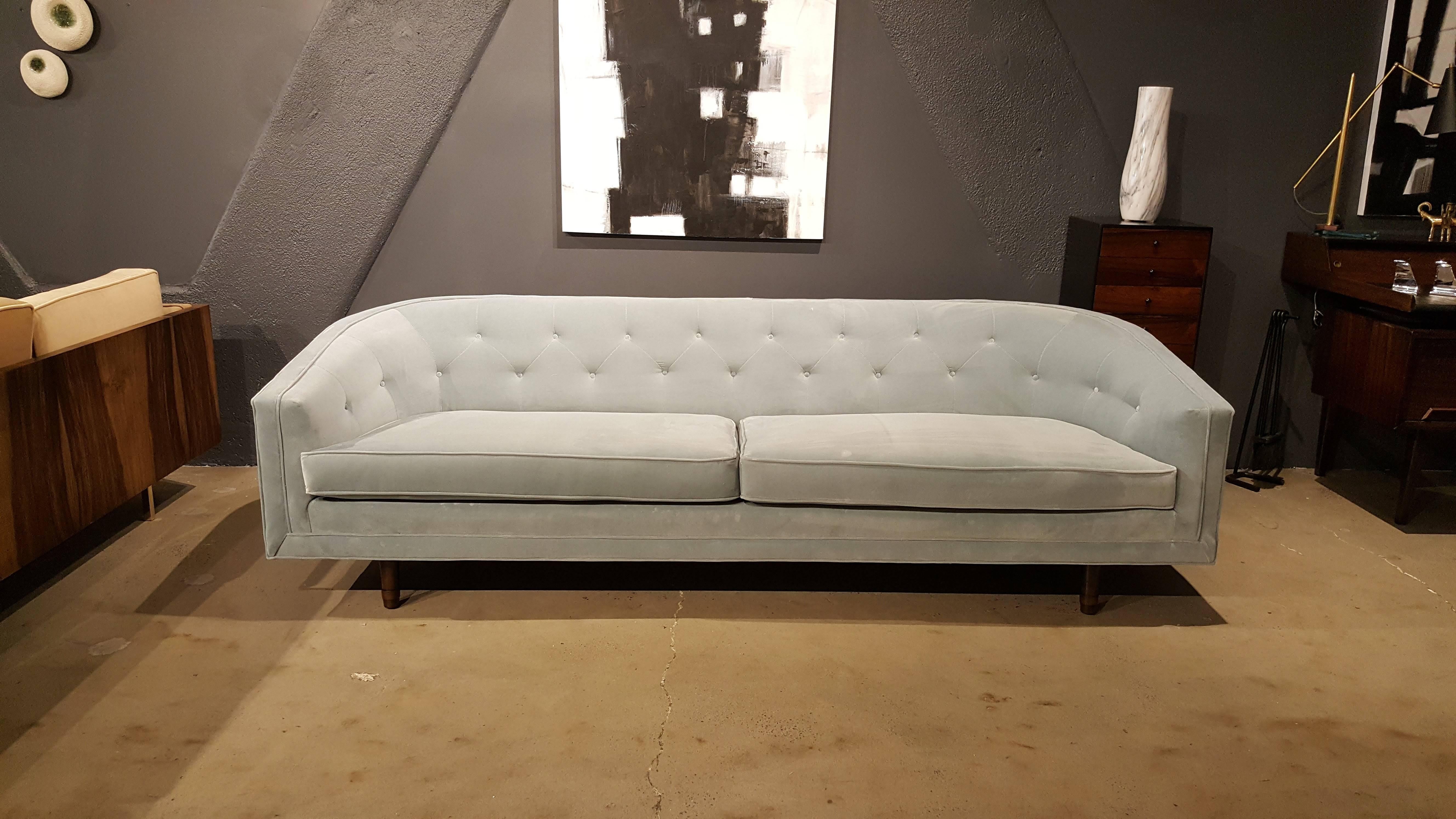 Mid-Century Sofa by Selig in Pale Blue Grey Velvet, 60s, William Hinn Attributed In Excellent Condition In New York, NY