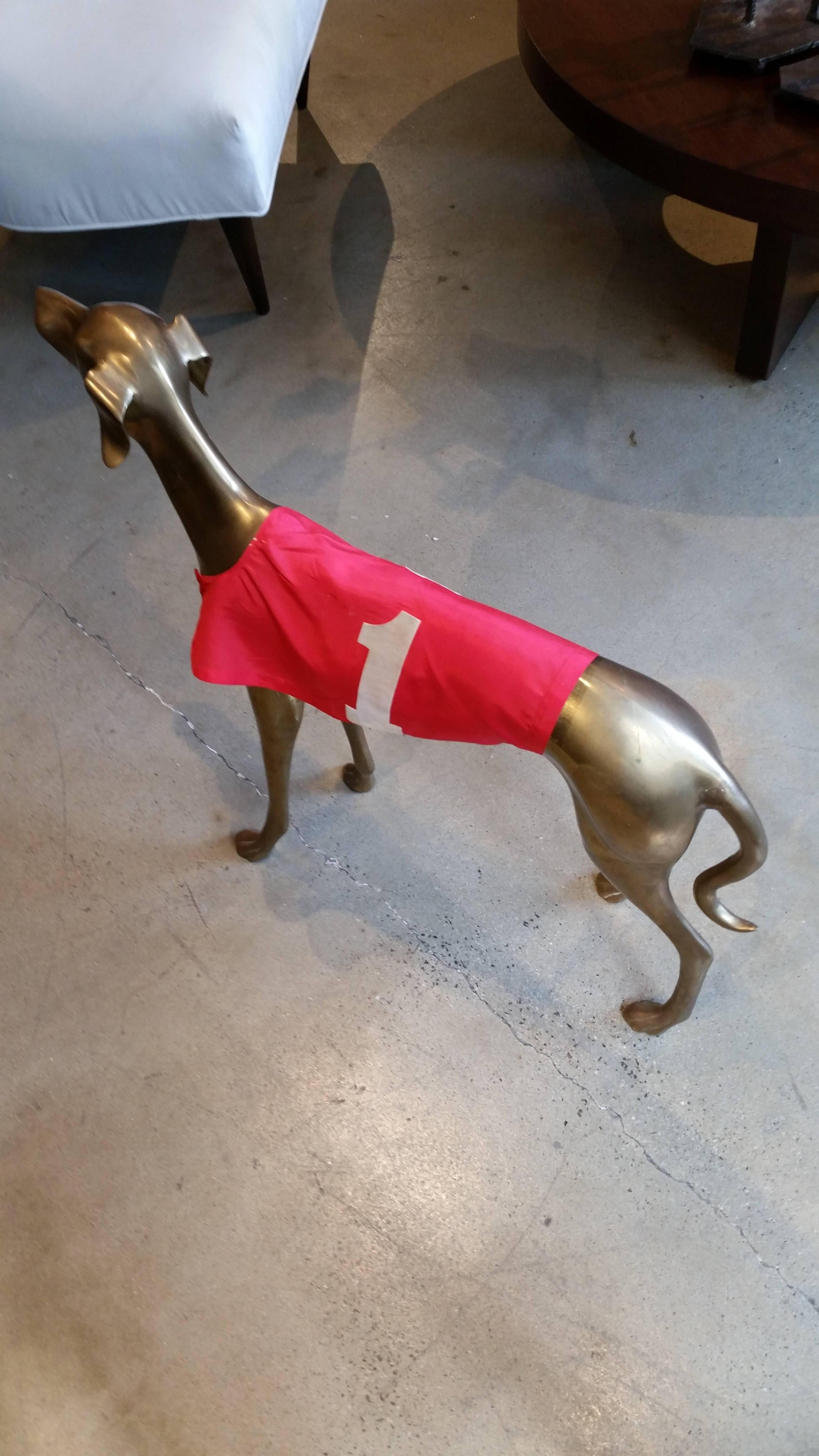 Mid-20th Century Commanding, Large-Scale Midcentury Brass Greyhound with Racing Jacket, Italy