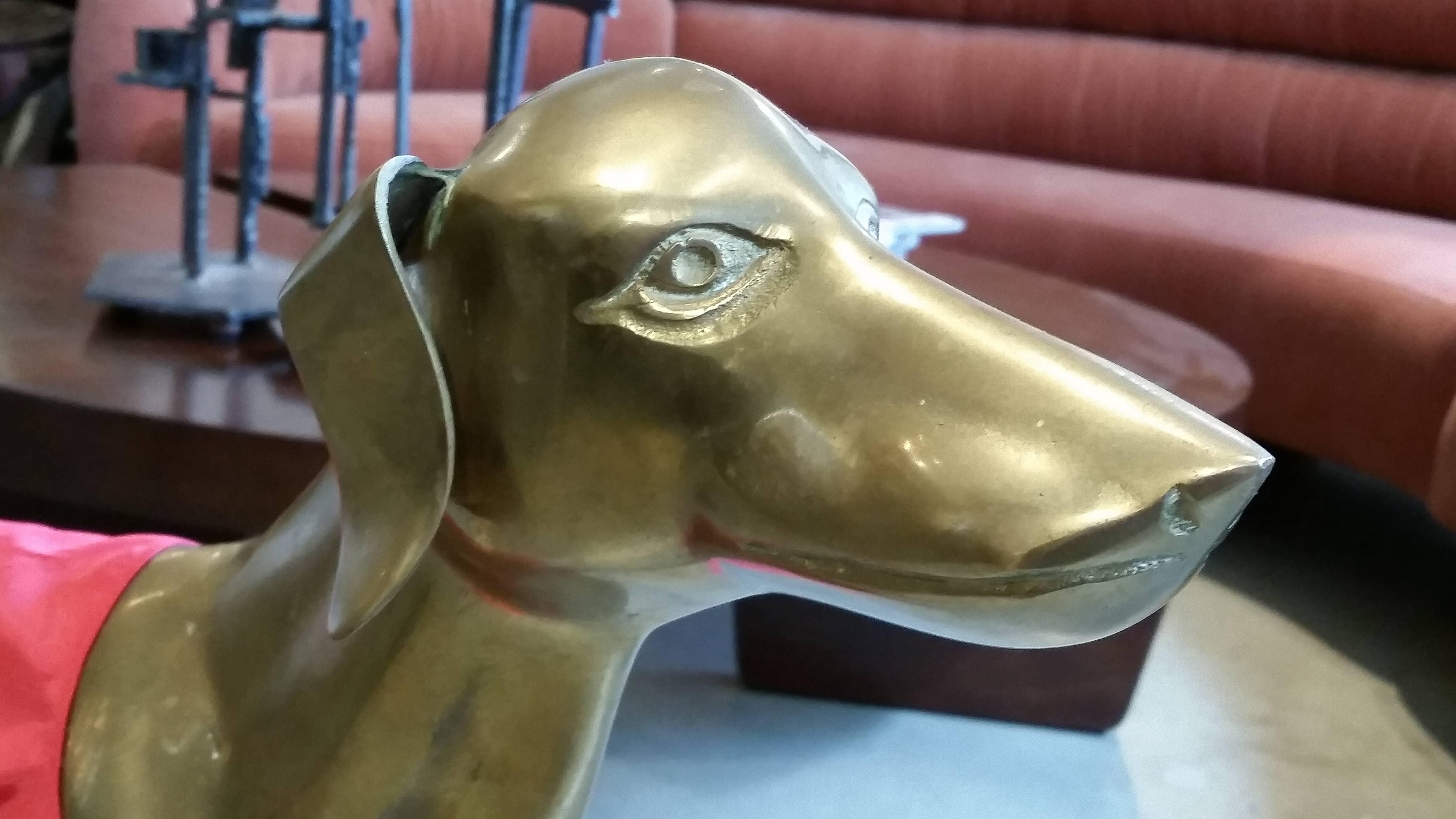 Patinated Commanding, Large-Scale Midcentury Brass Greyhound with Racing Jacket, Italy