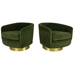 Swivel Lounge Chairs in Velvet with Polished Brass Bases, style of Milo Baughman