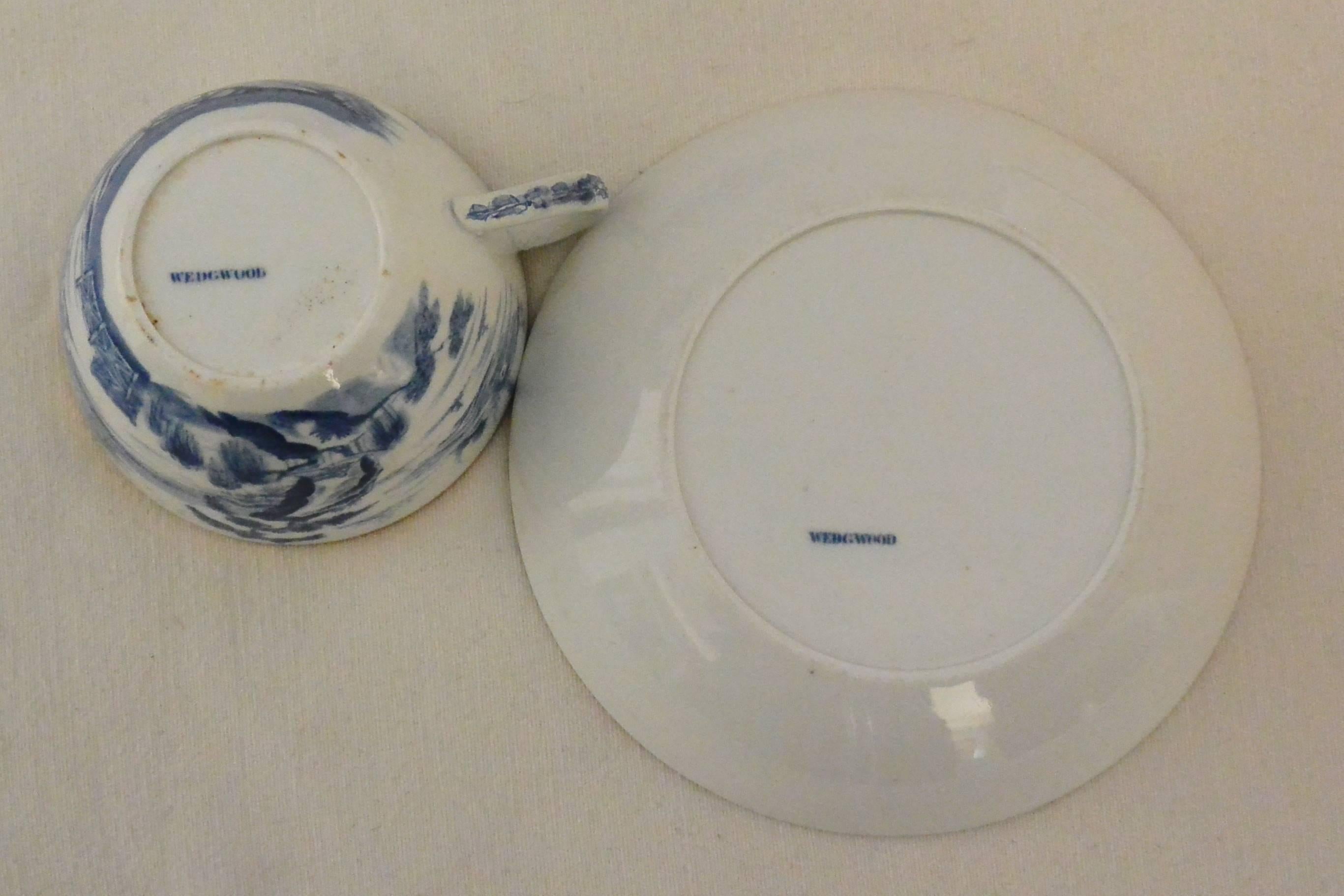Pair of Wedgwood Blue and White Chinoiserie Cups and Saucers  1