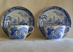 Pair of Wedgwood Blue and White Chinoiserie Cups and Saucers