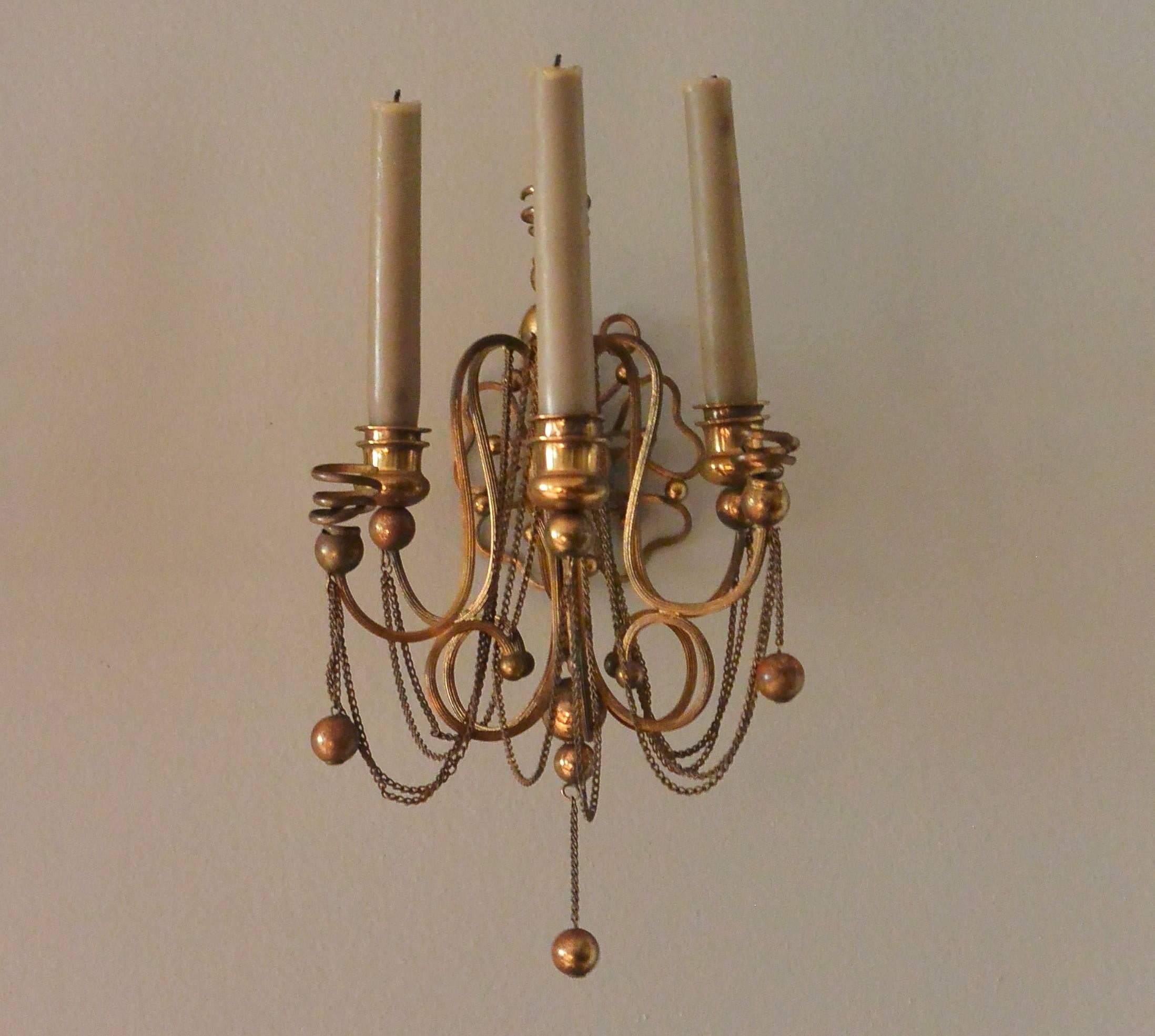 European Continental Brass Ball and Chain Candle Sconces For Sale
