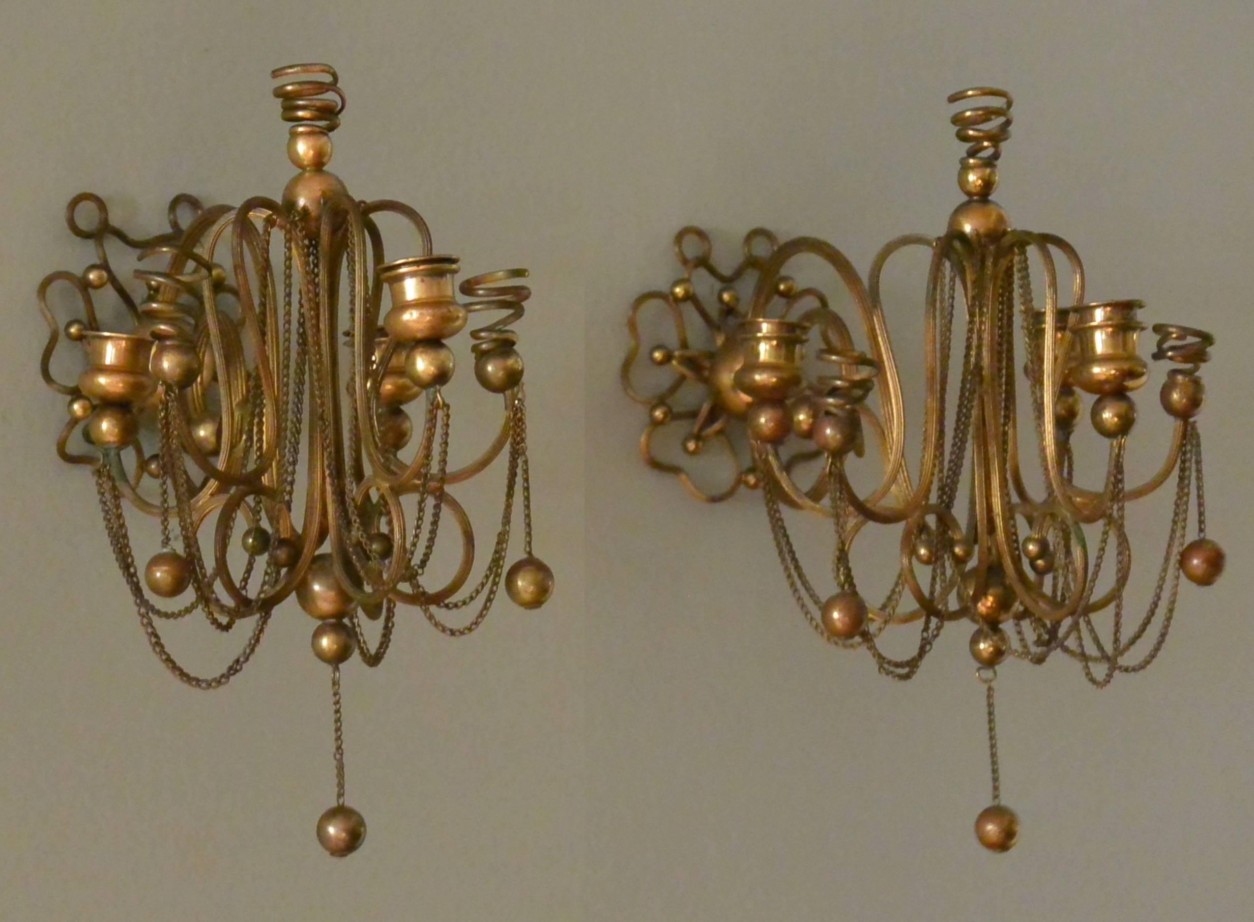 19th Century Continental Brass Ball and Chain Candle Sconces For Sale