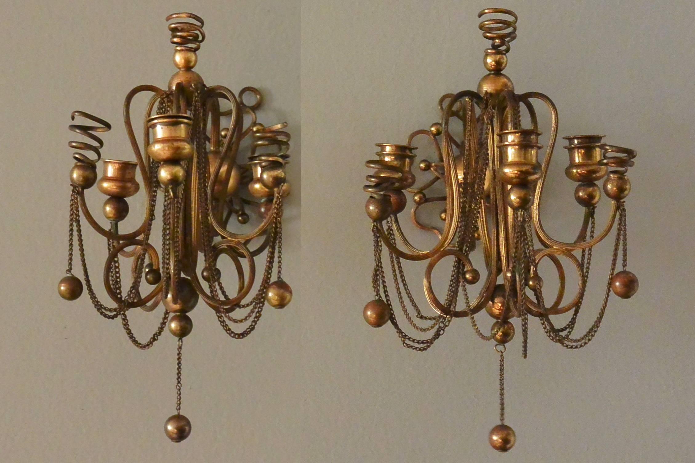 Continental Brass Ball and Chain Candle Sconces For Sale 1