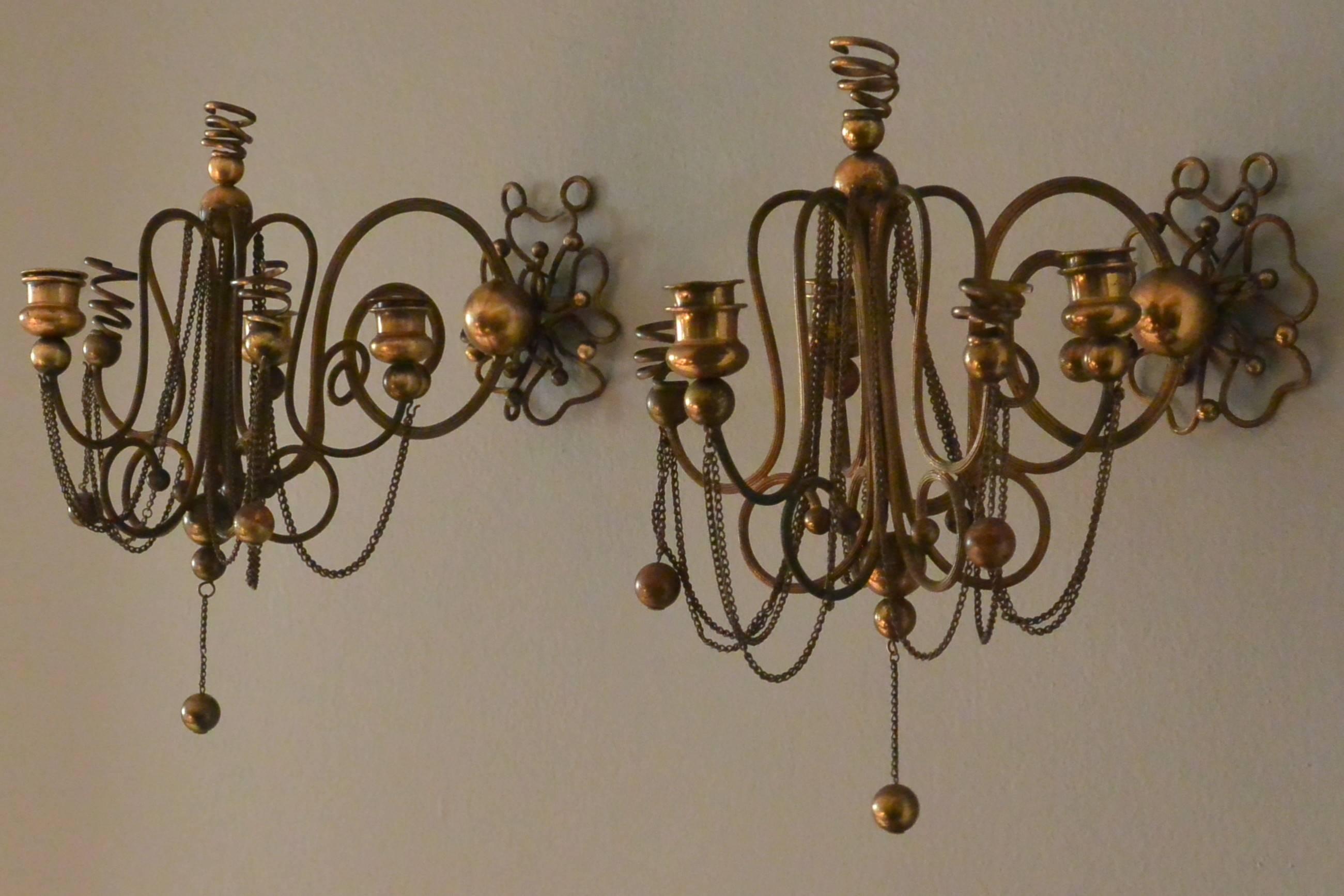 Continental Brass Ball and Chain Candle Sconces For Sale 2