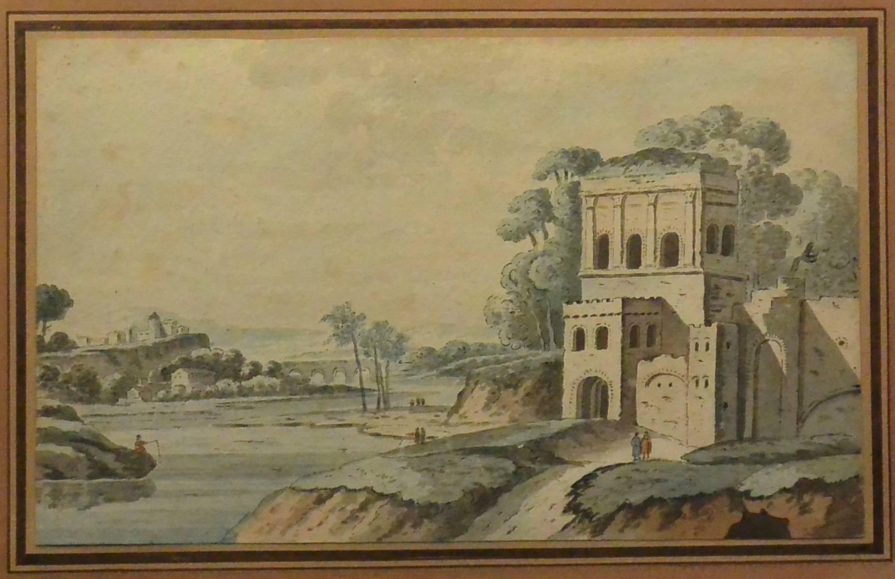 Italian pen and ink landscape. Antique pen and ink scene of a villa along the river in period gilt frame, Italy, early 19th century. 
Dimension: 17.25